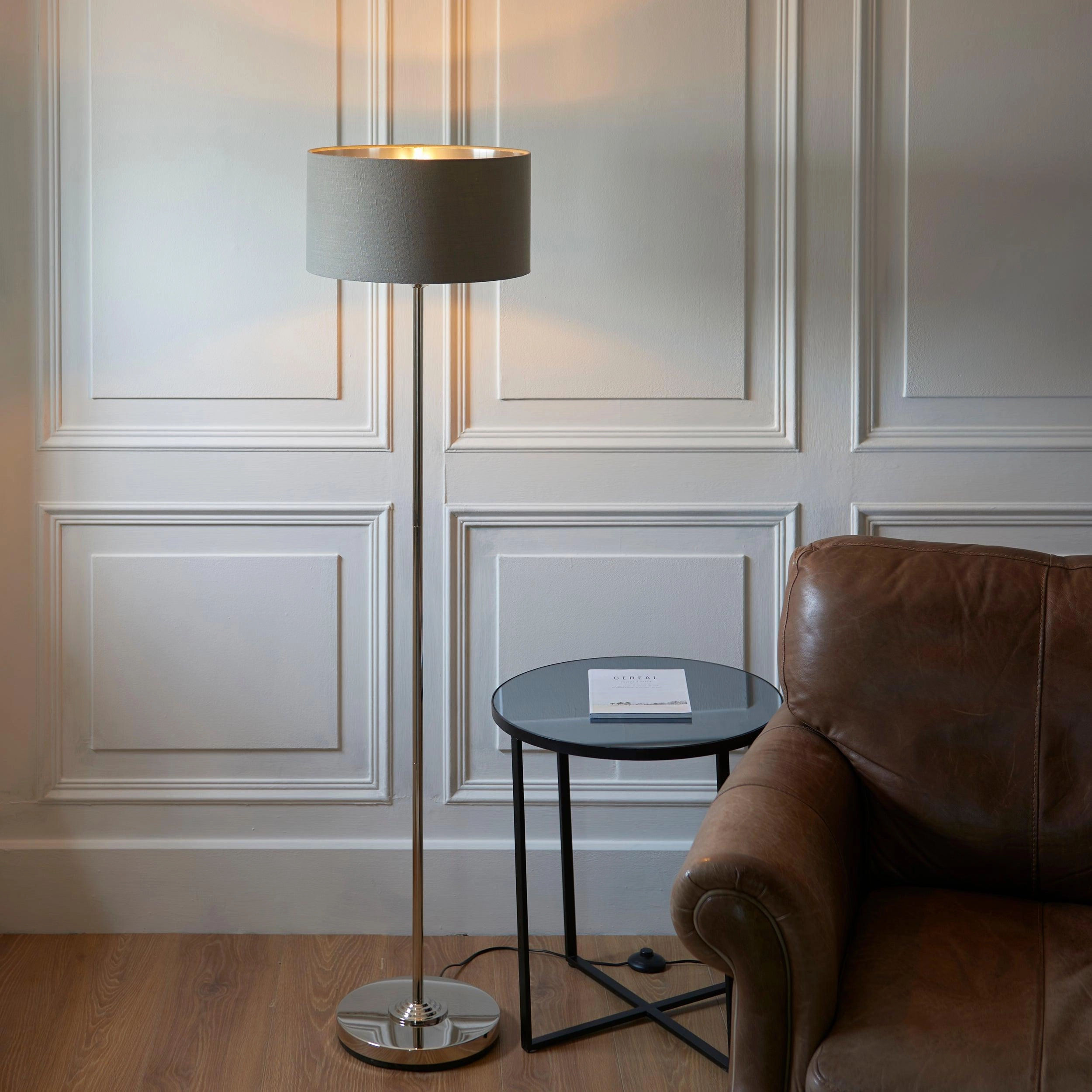 Highclere Nickel Chrome 1 Light Floor Lamp Charcoal Shade