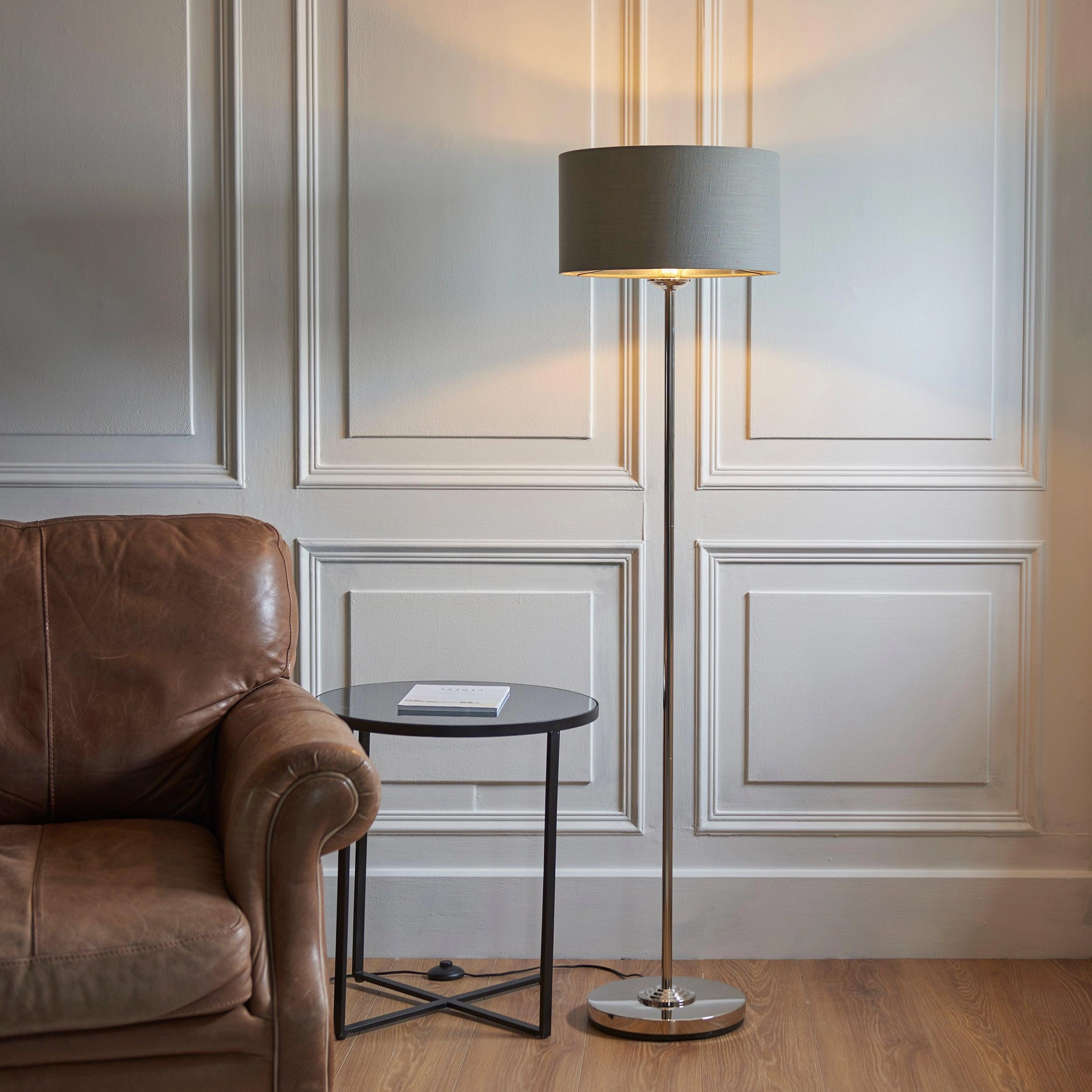 Highclere Nickel Chrome 1 Light Floor Lamp Charcoal Shade