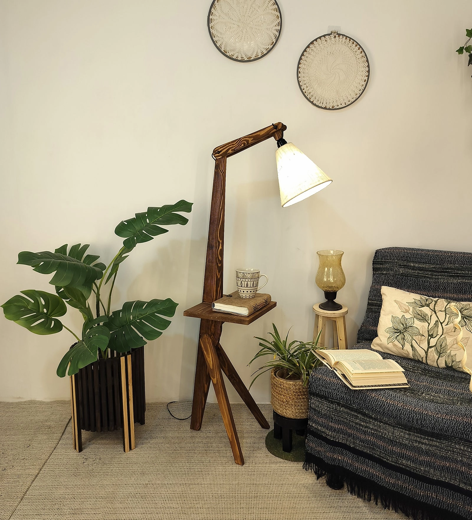 Hubert Wooden Floor Lamp with Brown Base and Jute Fabric Lampshade (BULB NOT INCLUDED)