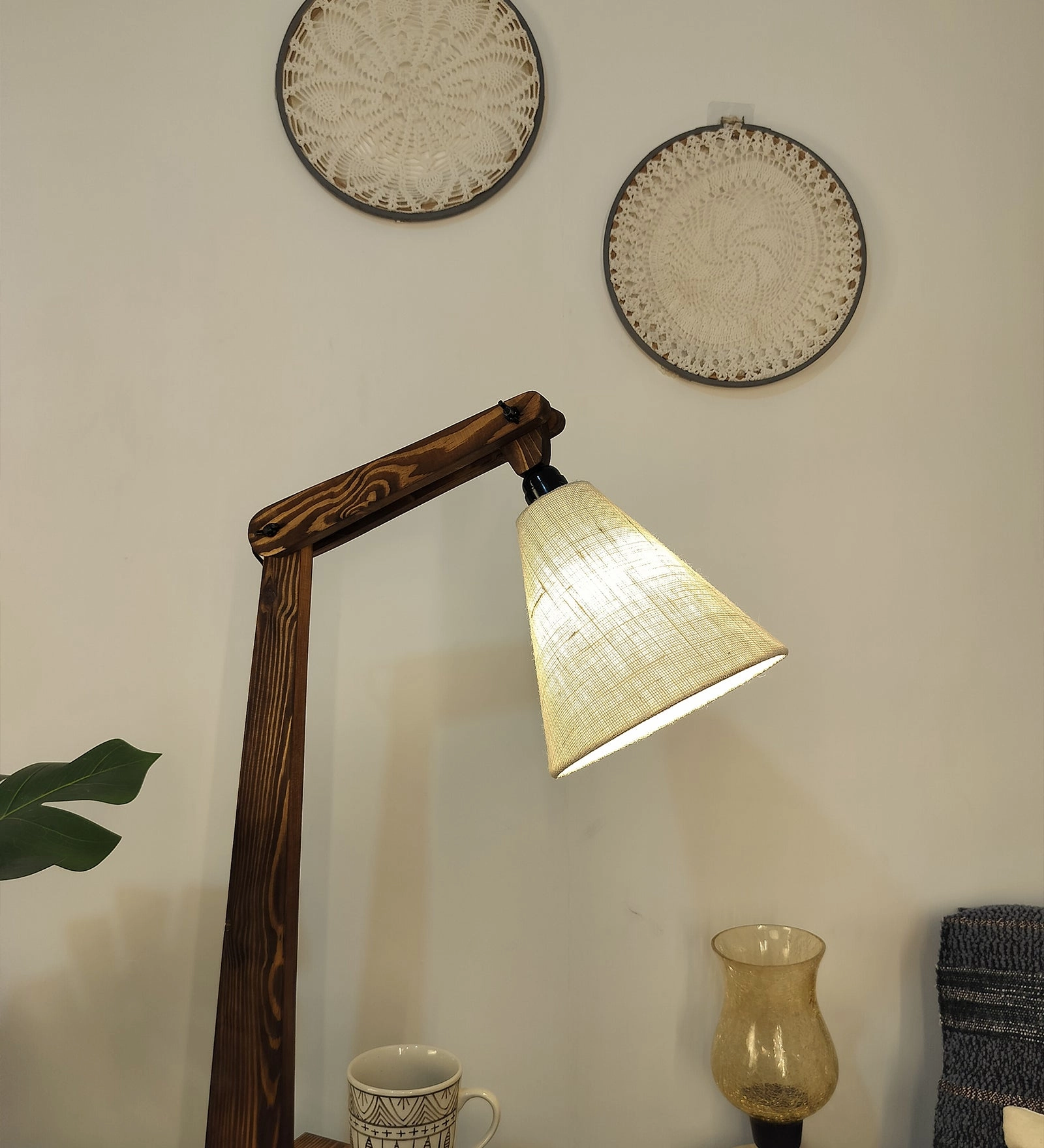 Hubert Wooden Floor Lamp with Brown Base and Jute Fabric Lampshade (BULB NOT INCLUDED)