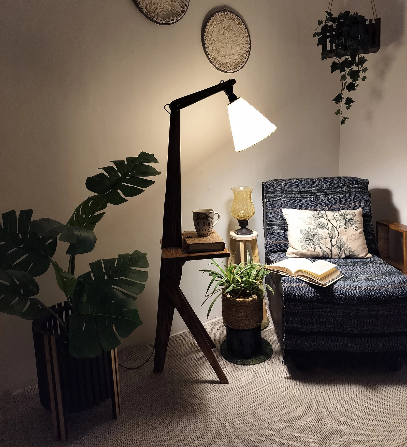 Hubert Wooden Floor Lamp with Brown Base and Jute Fabric Lampshade (BULB NOT INCLUDED)