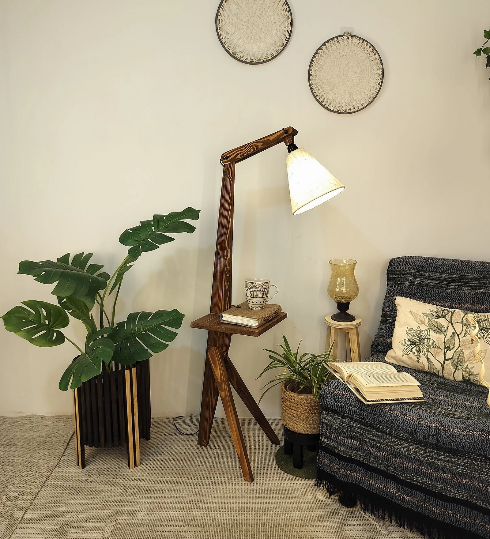 Hubert Wooden Floor Lamp with Brown Base and Jute Fabric Lampshade (BULB NOT INCLUDED)