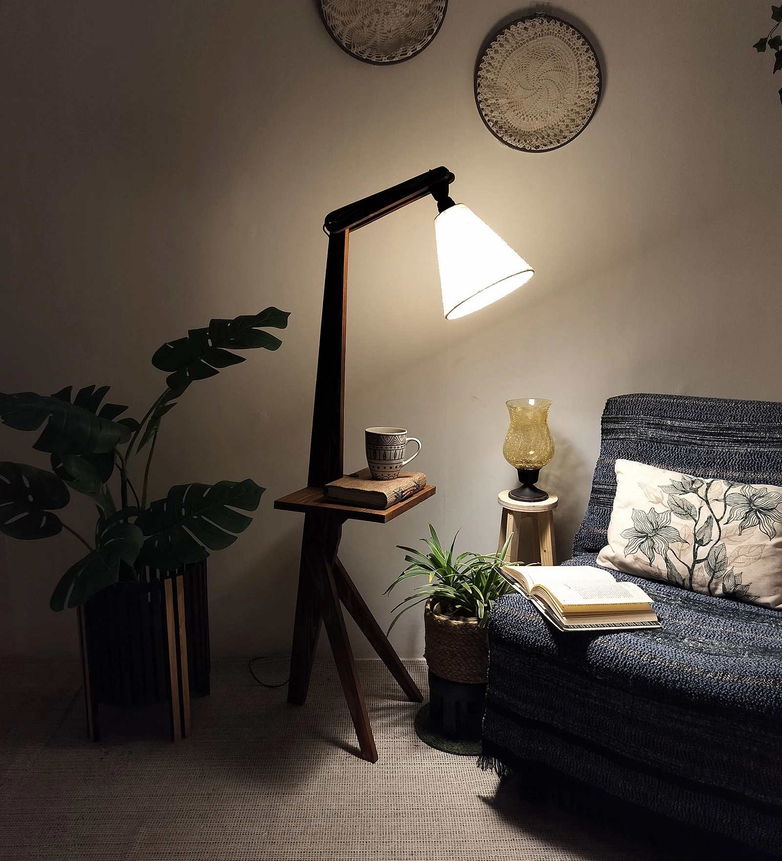 Hubert Wooden Floor Lamp with Brown Base and Jute Fabric Lampshade (BULB NOT INCLUDED)