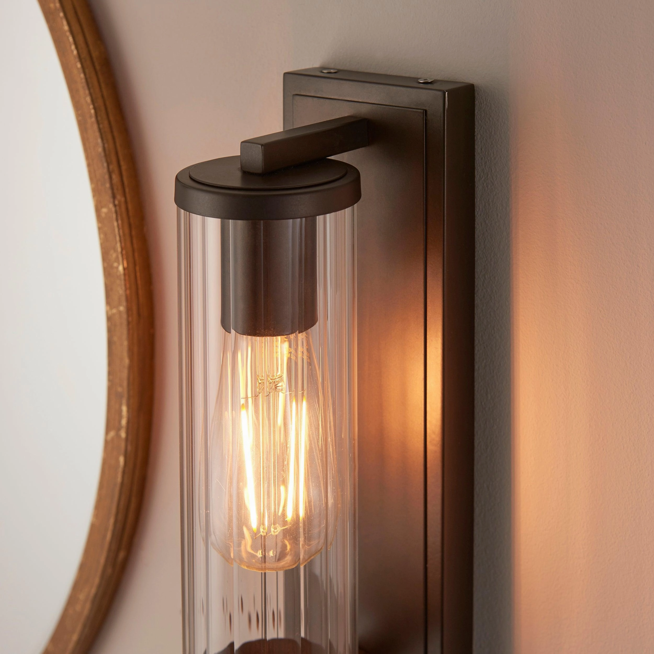 Islington Bronze Bathroom Wall Light - Ribbed Glass Shade