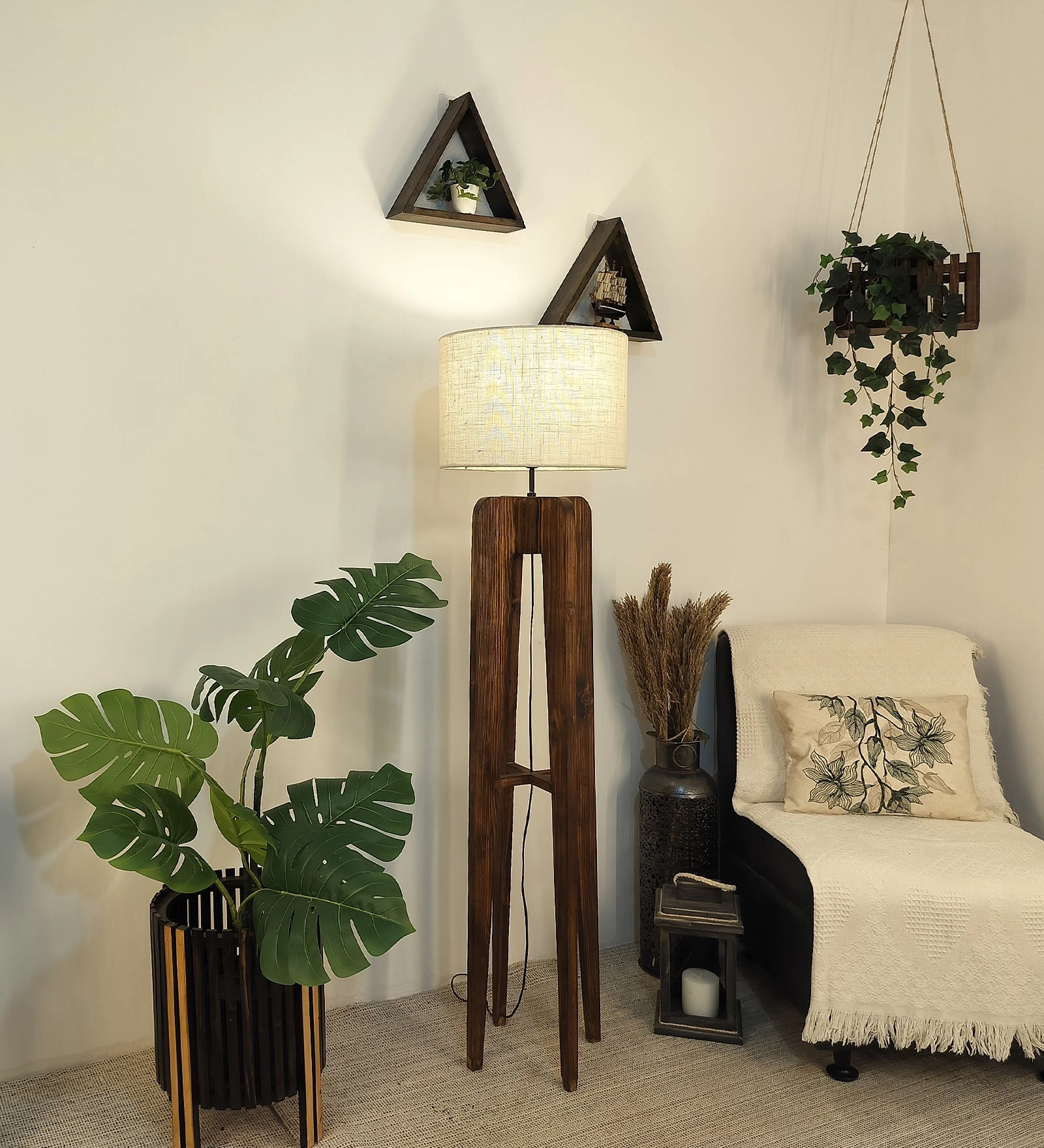 Jet Wooden Floor Lamp with Premium Beige Fabric Lampshade (BULB NOT INCLUDED)