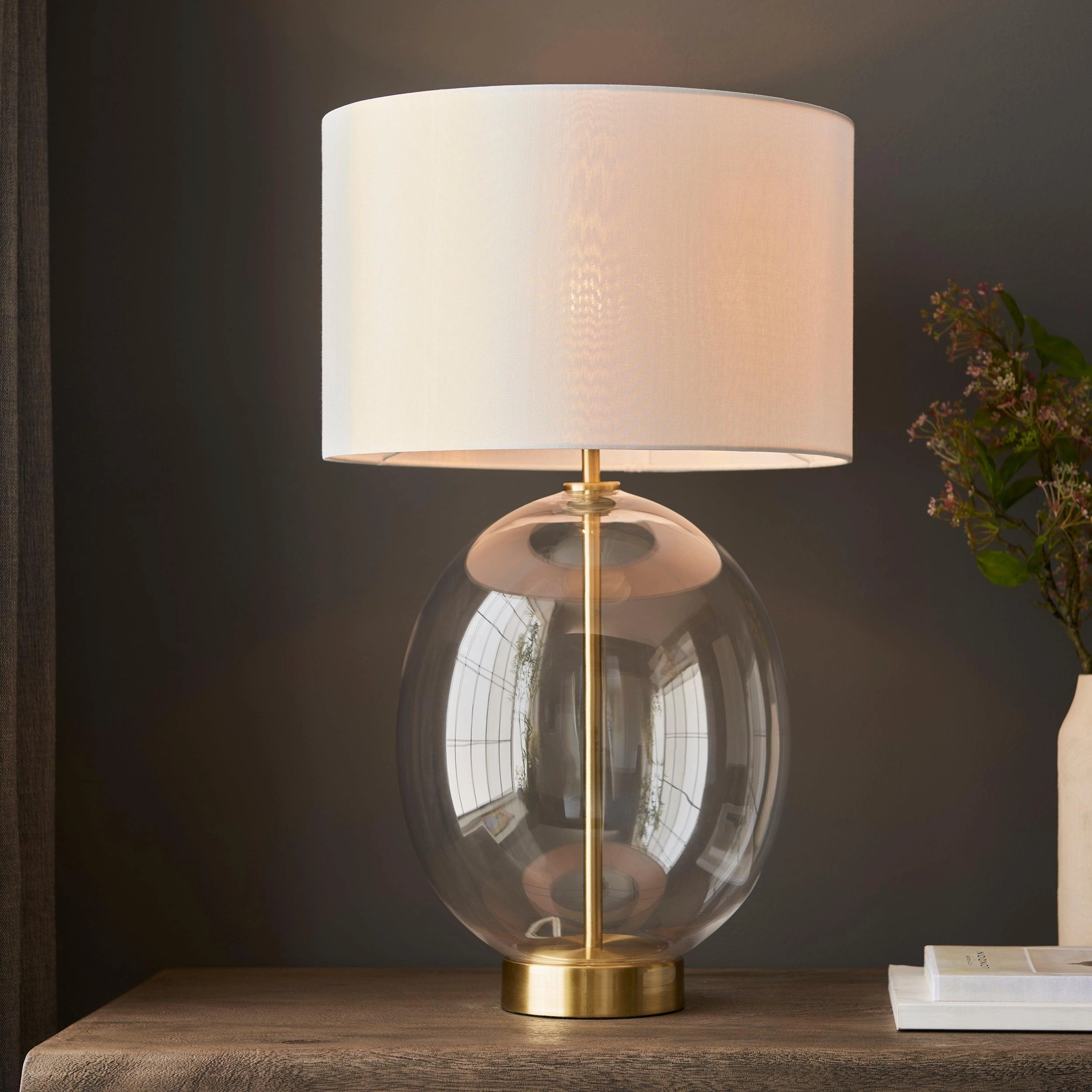 Kelda Brass & Oval Glass Touch Table Lamp - White Shade energy-saving LED light