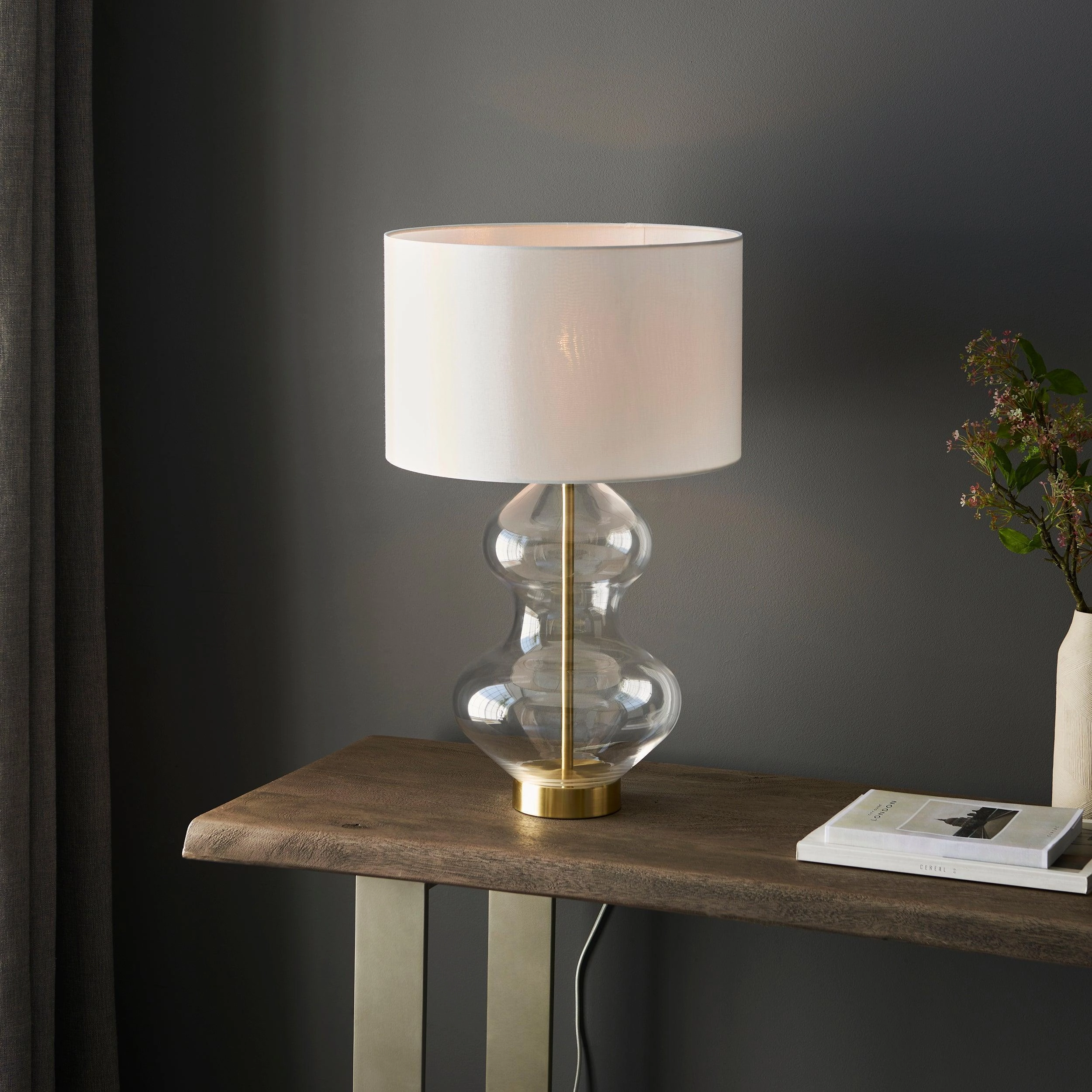 Kelda Large Nickel & Clear Glass Touch Table Lamp - White Shade