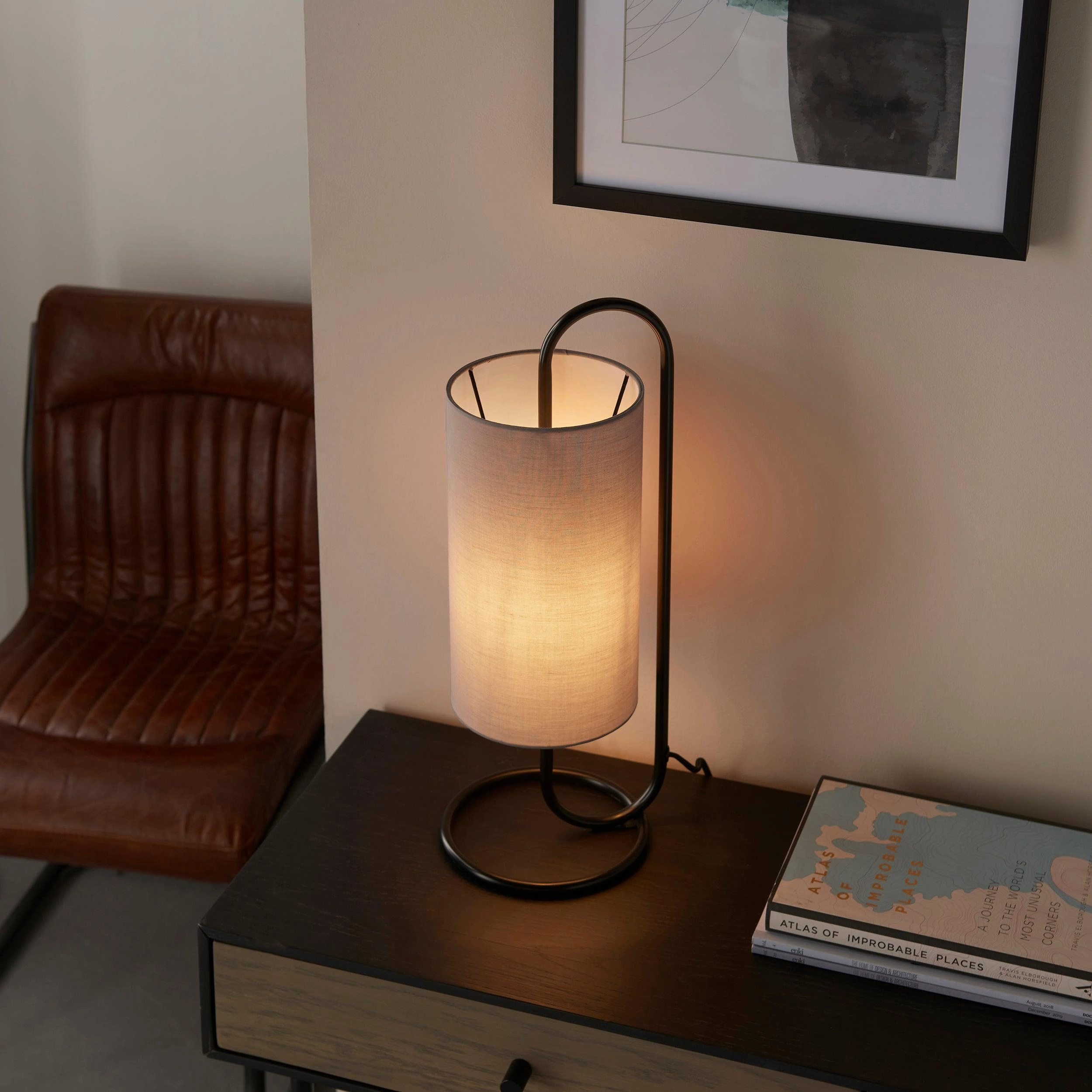 Klip Black Table Lamp - With Grey Fabric Shade