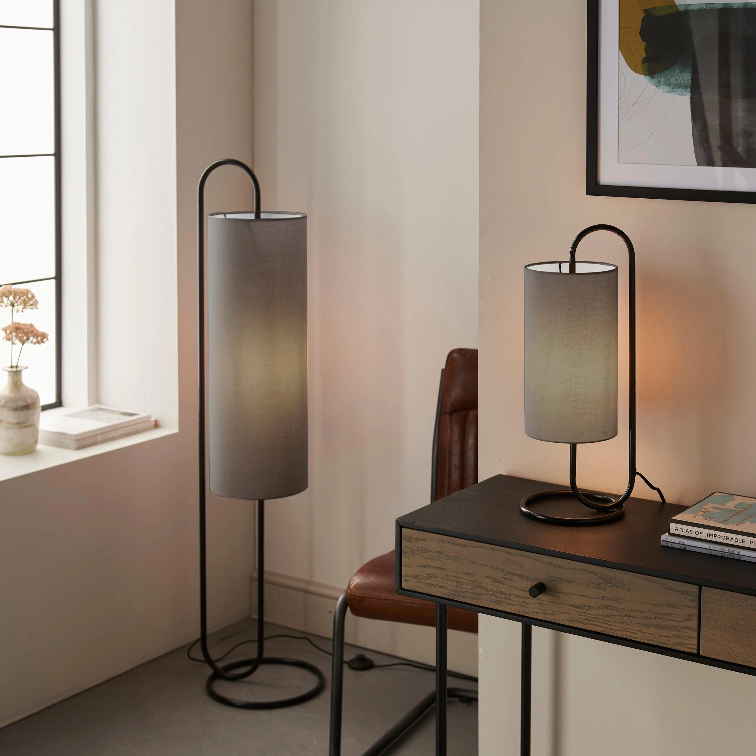 Klip Black Table Lamp - With Grey Fabric Shade