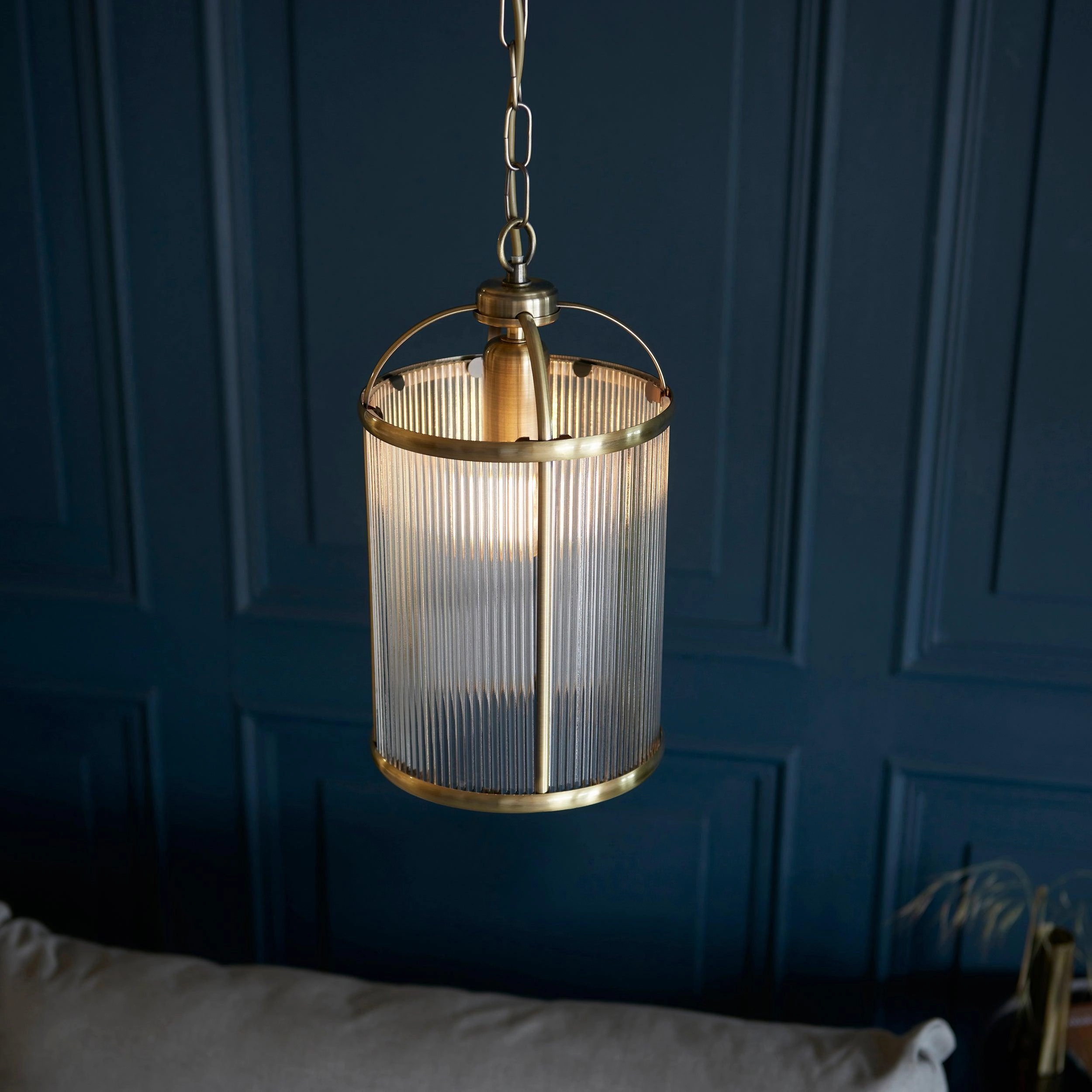 Lambeth Brass & Ribbed Glass Ceiling Pendant - Open Box