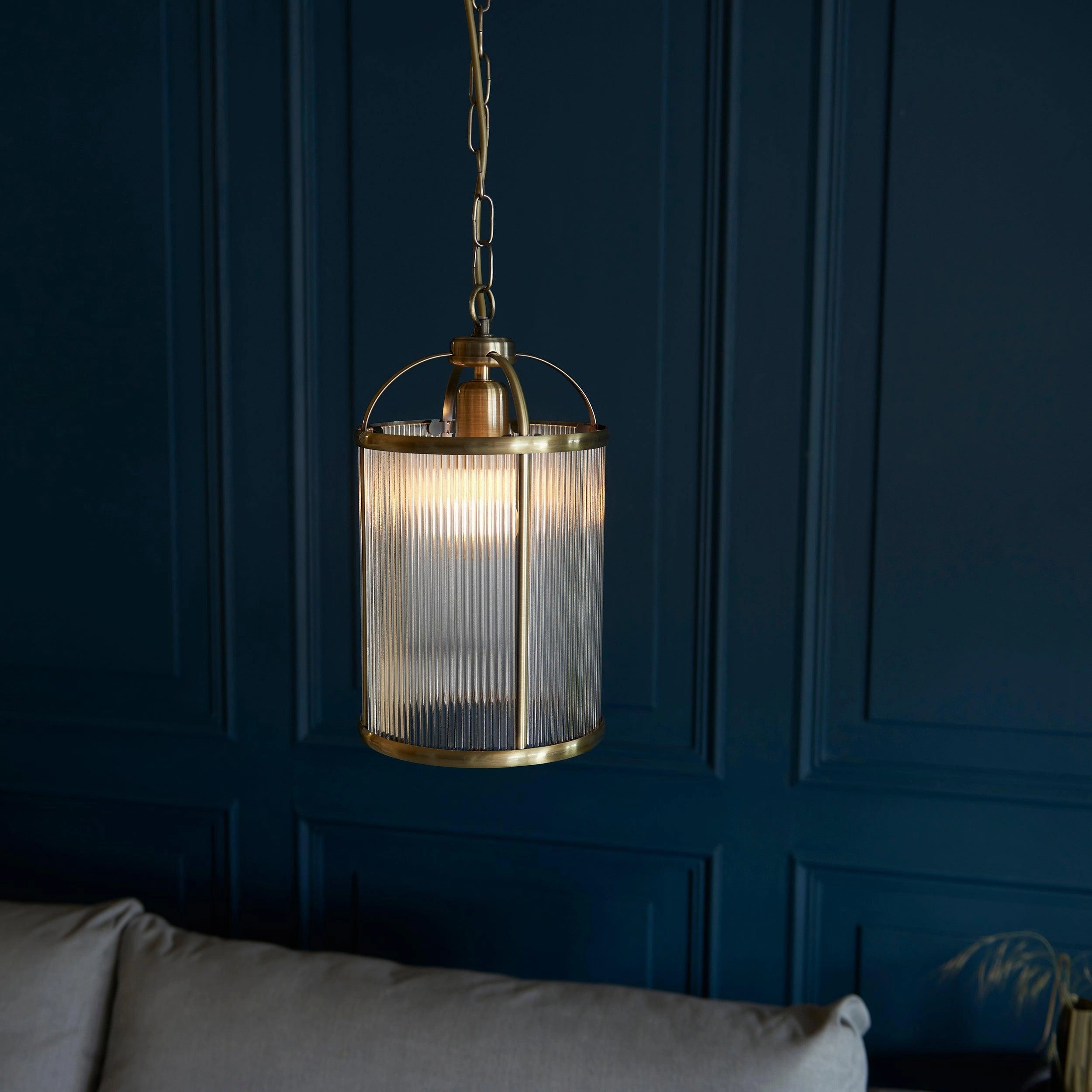 Lambeth Brass & Ribbed Glass Ceiling Pendant - Open Box