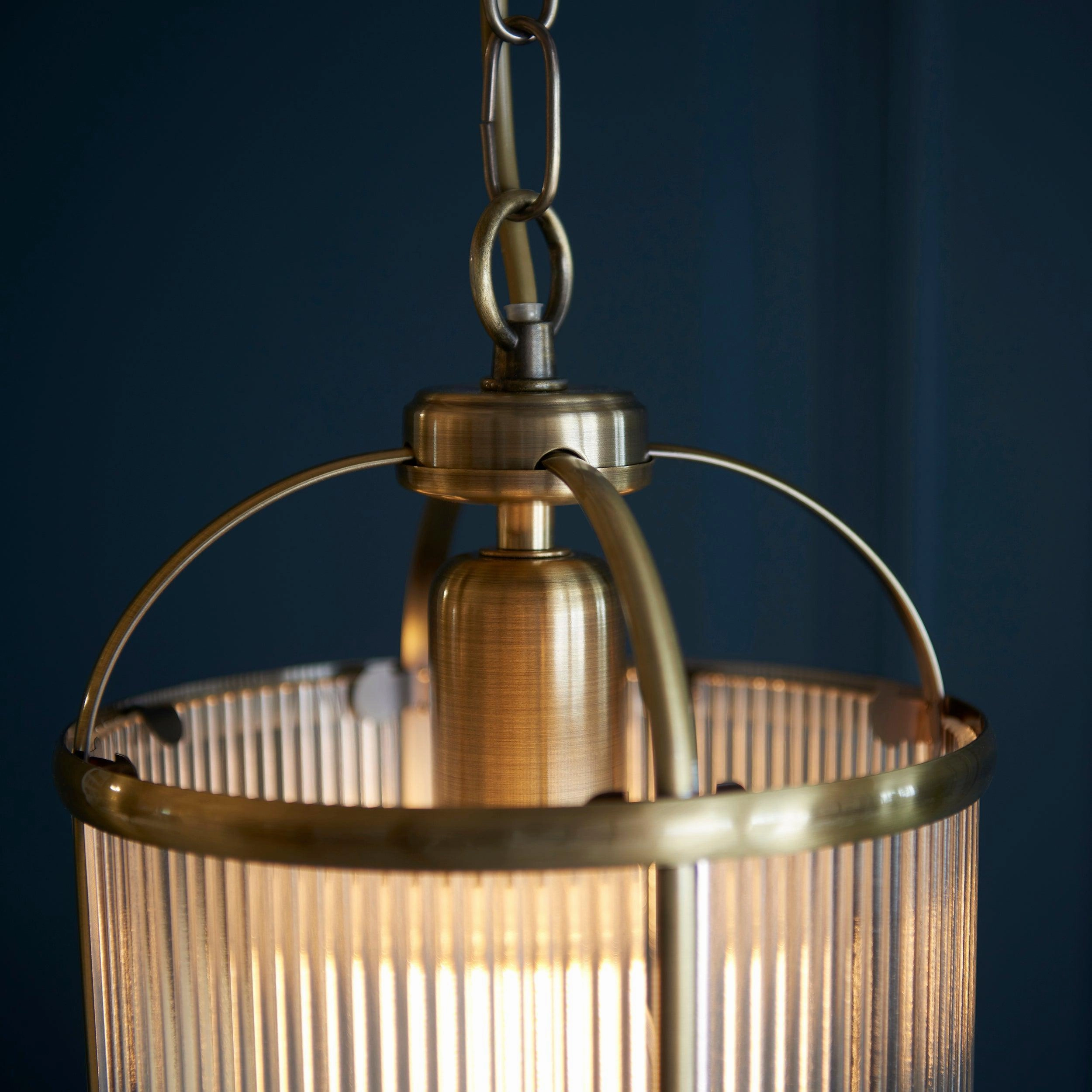 Lambeth Brass & Ribbed Glass Ceiling Pendant - Open Box