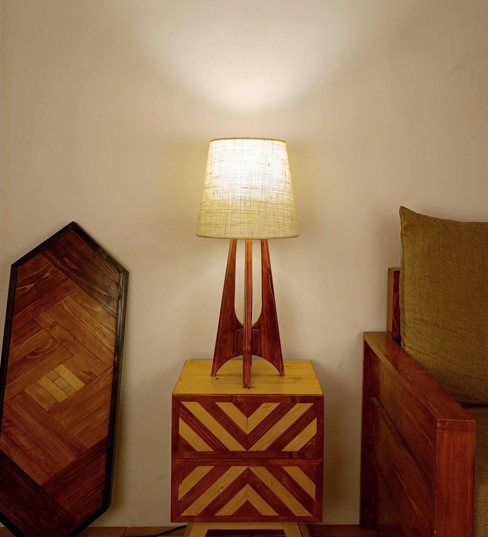 Laurent Brown Wooden Table Lamp with White Jute Lampshade (BULB NOT INCLUDED) decorative ceiling fixture