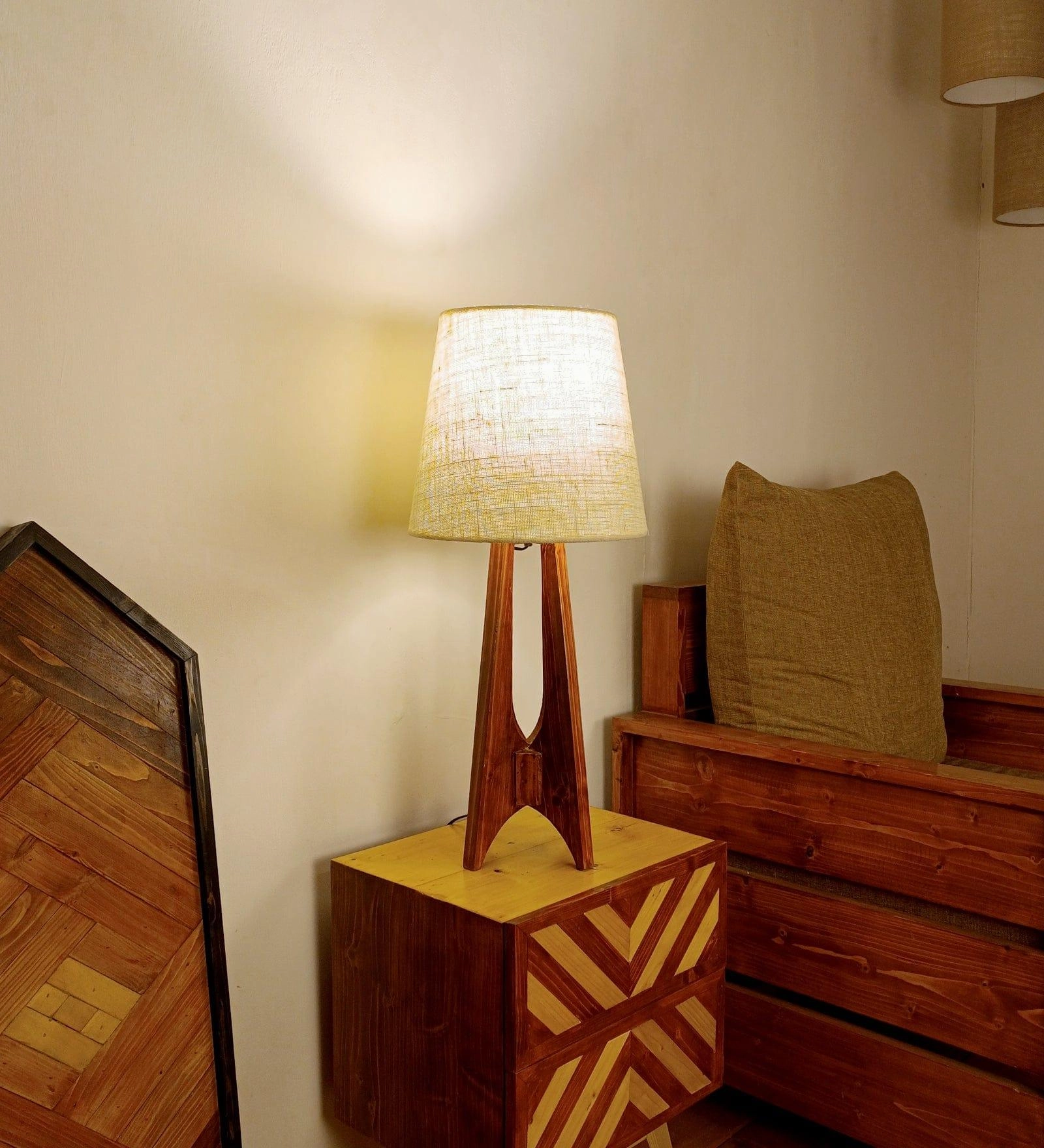 Laurent Brown Wooden Table Lamp with White Jute Lampshade (BULB NOT INCLUDED)