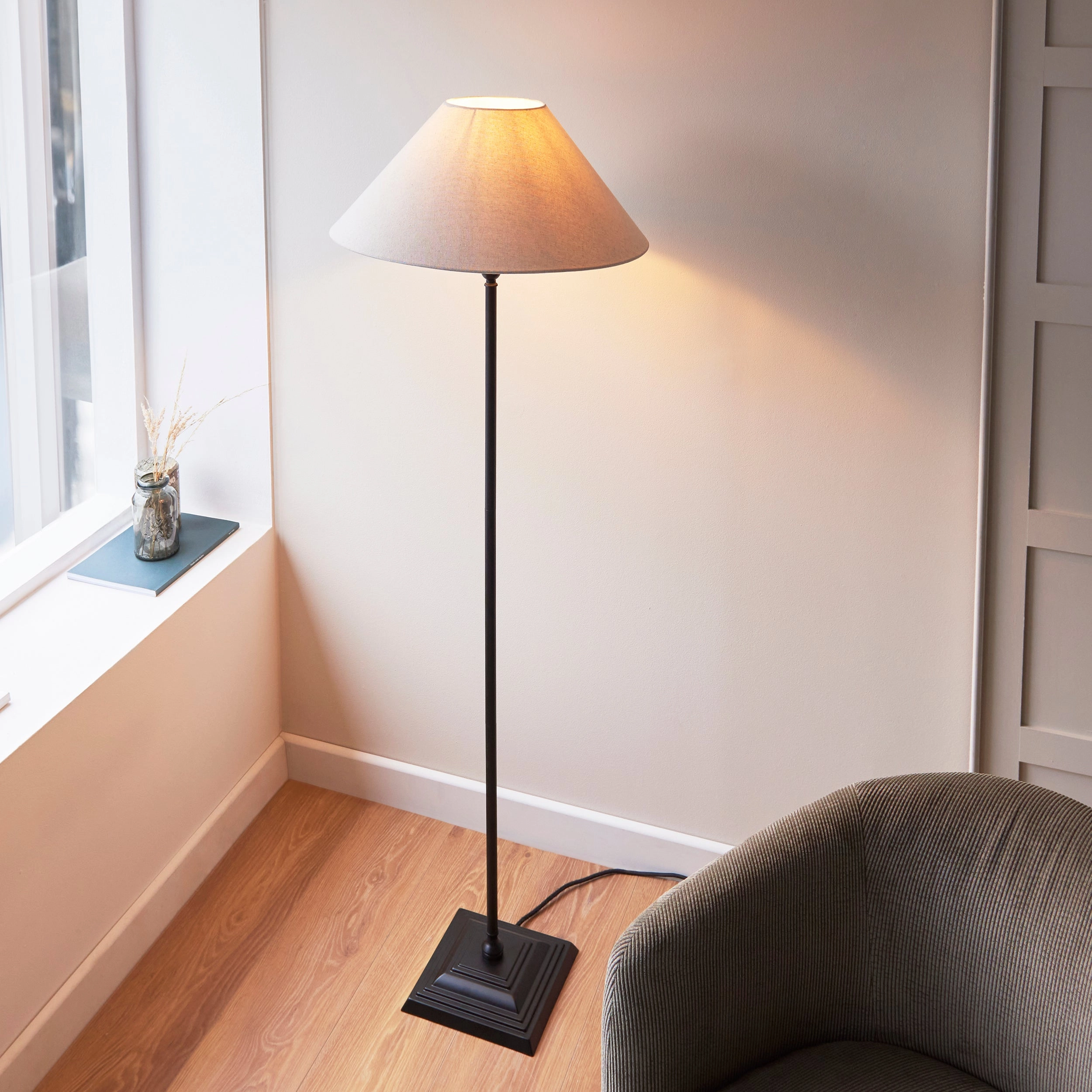 Lille Antique Black 1 Light Floor Lamp Linen Shade