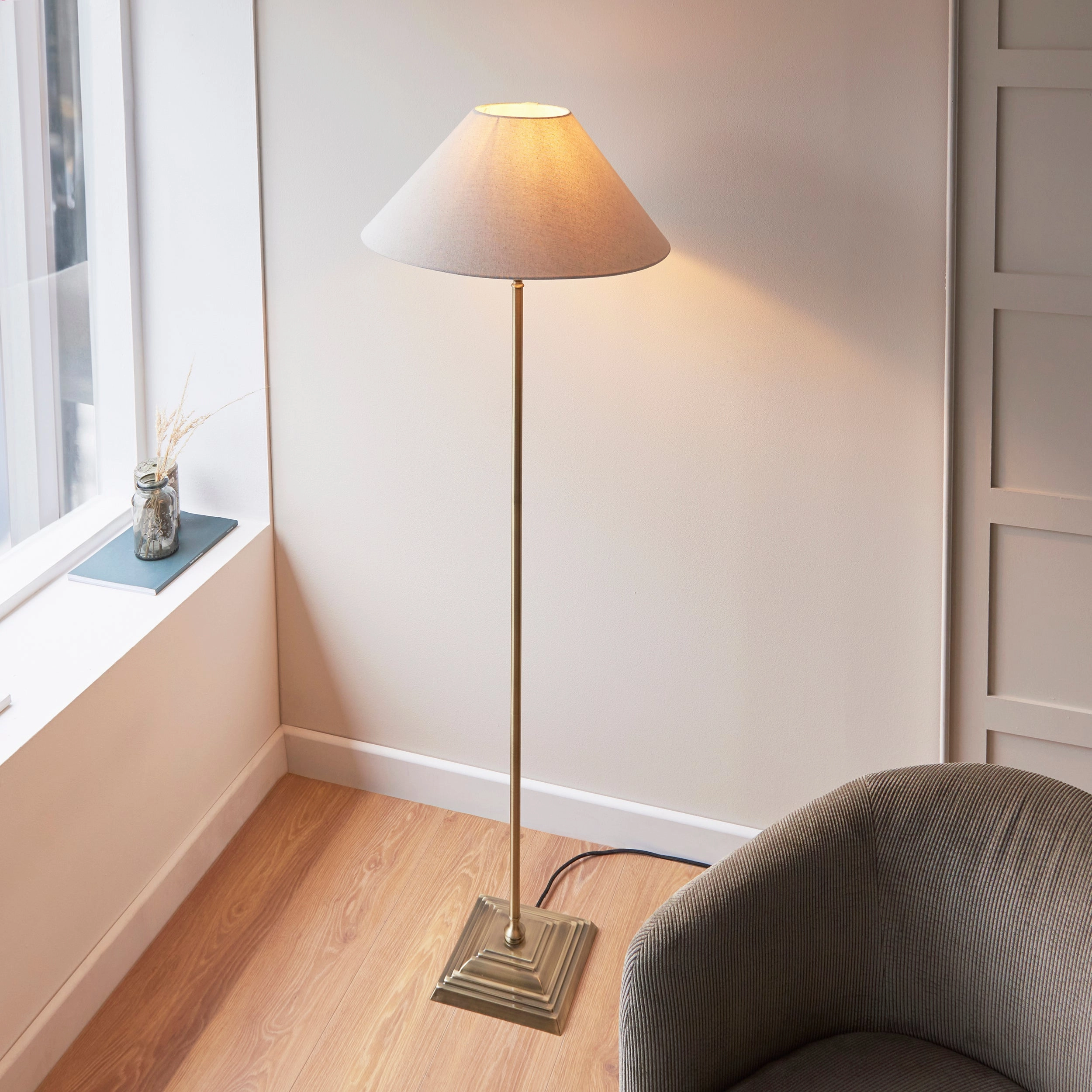 Lille Antique Brass 1 Light Floor Lamp Linen Shade