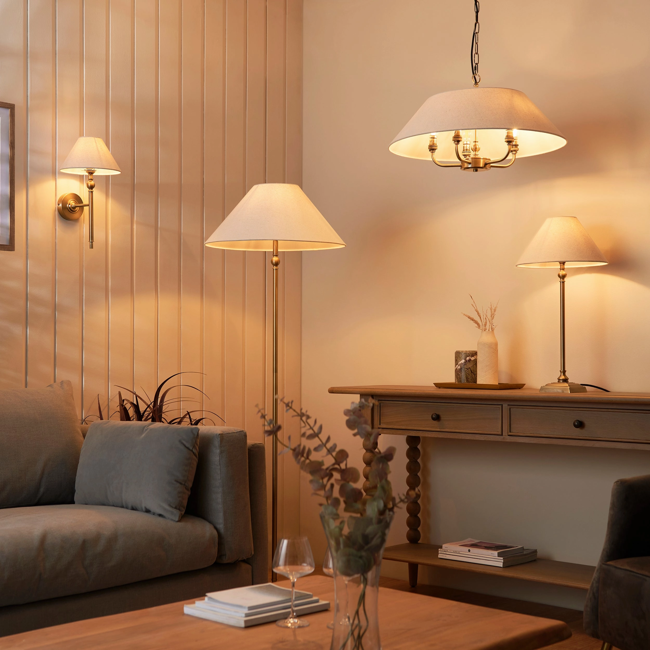 Lille Antique Brass 1 Light Floor Lamp Linen Shade
