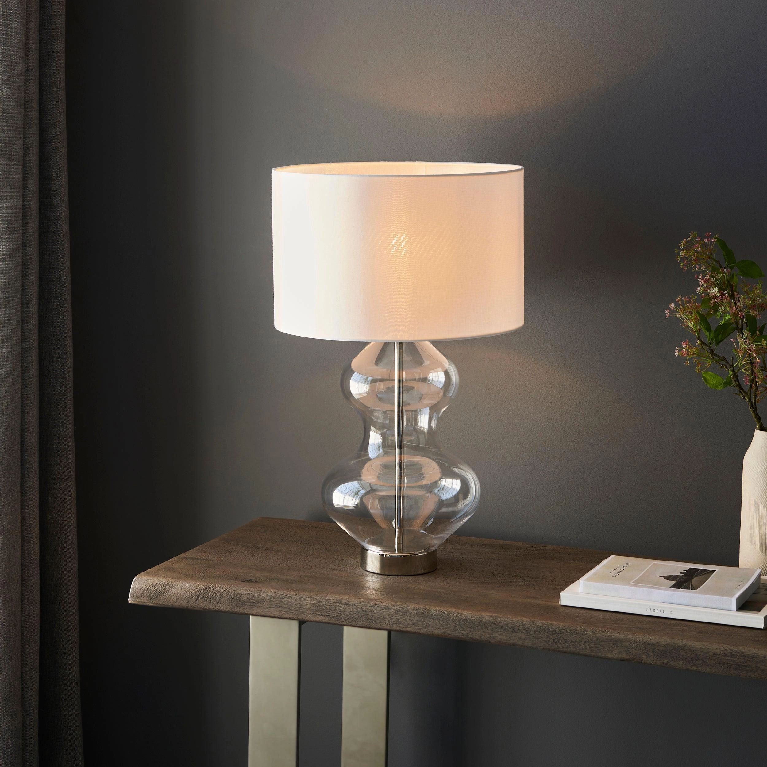 Linear Brass & Clear Glass Touch Table Lamp - White Shade