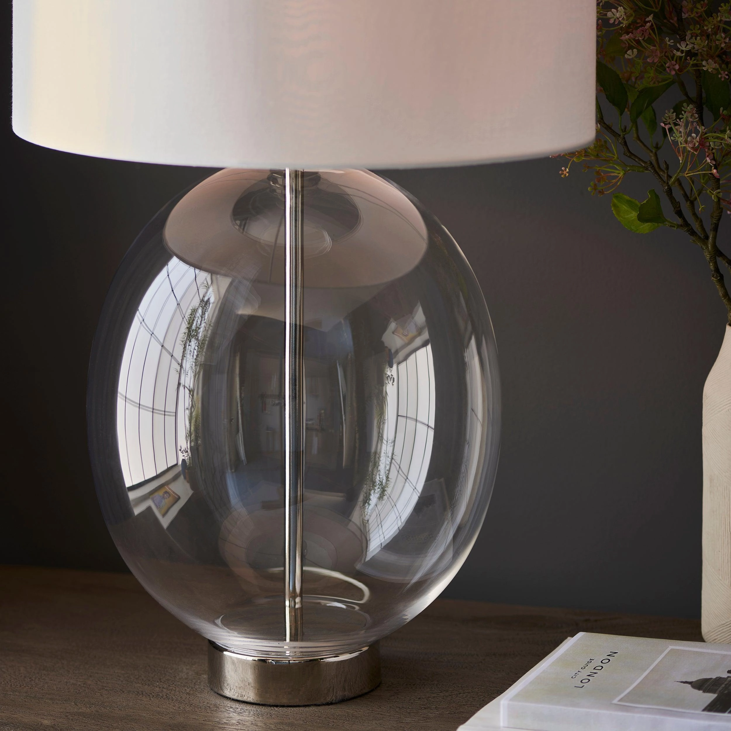 Linear Nickel & Oval Glass Touch Table Lamp - White Shade