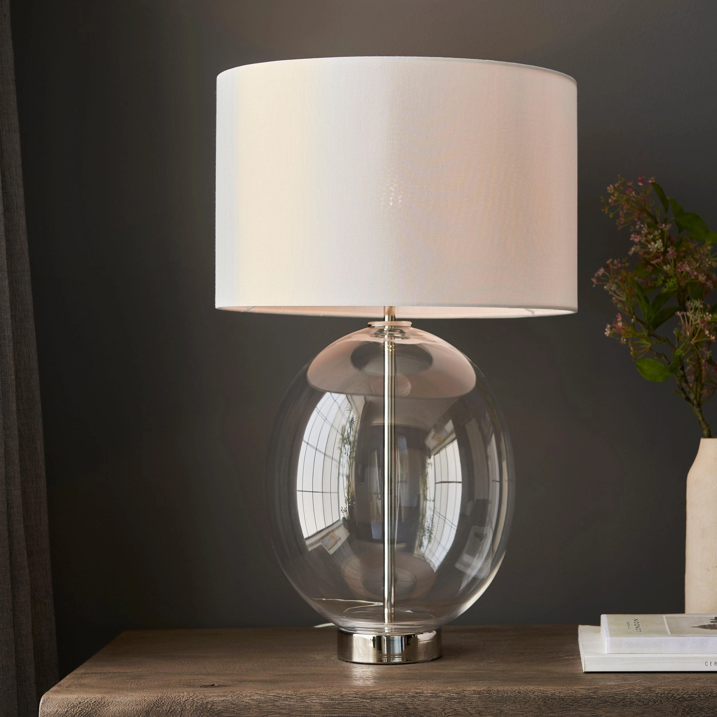 Linear Nickel & Oval Glass Touch Table Lamp - White Shade
