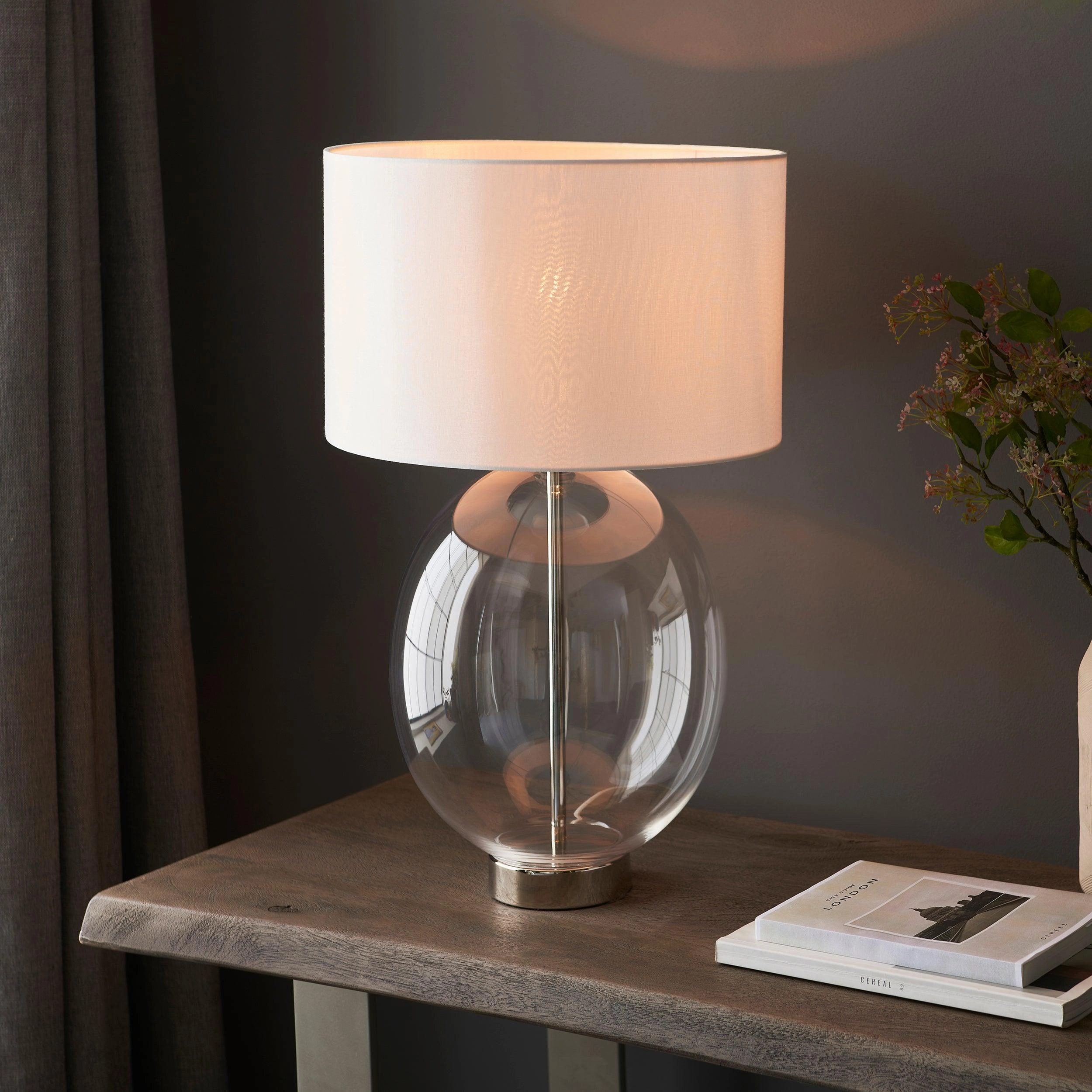 Linear Nickel & Oval Glass Touch Table Lamp - White Shade