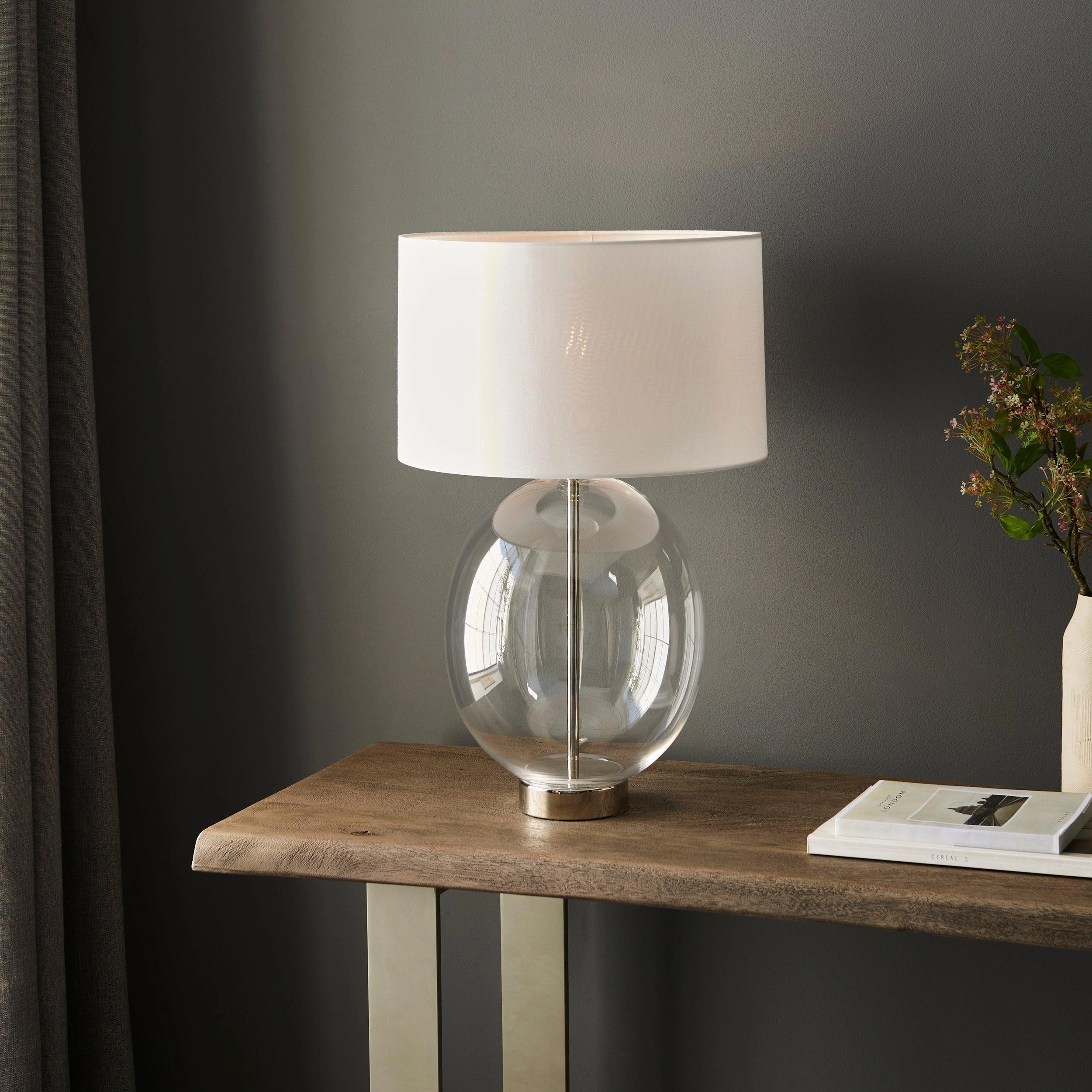 Linear Nickel & Oval Glass Touch Table Lamp - White Shade