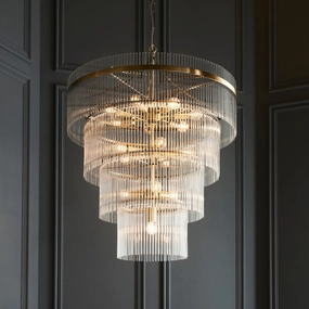Marietta Brass 16 Light Tiered Ceiling Pendant - Glass Rods sleek LED ceiling lamp
