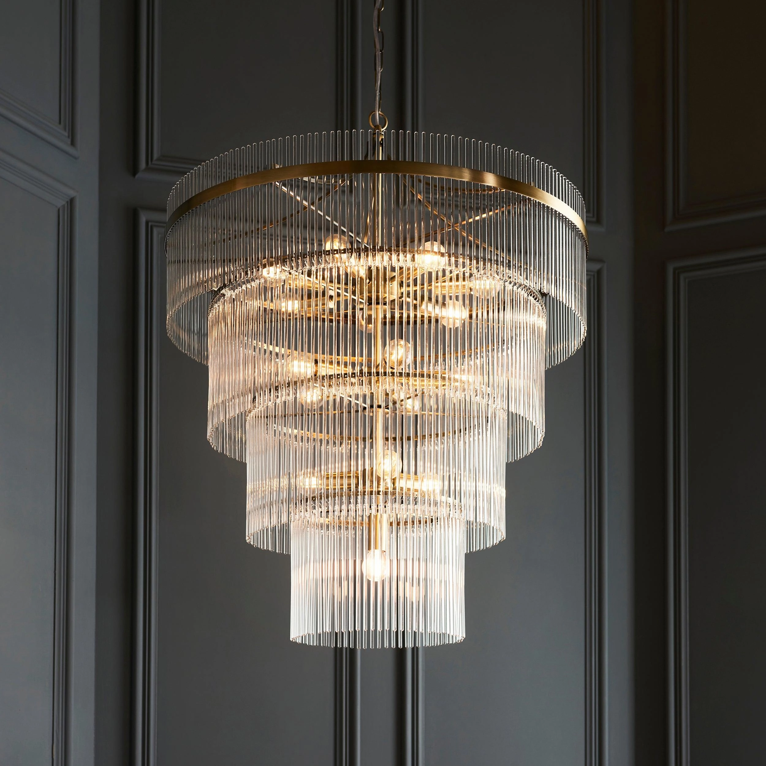Marietta Brass 16 Light Tiered Ceiling Pendant - Glass Rods sleek LED ceiling lamp