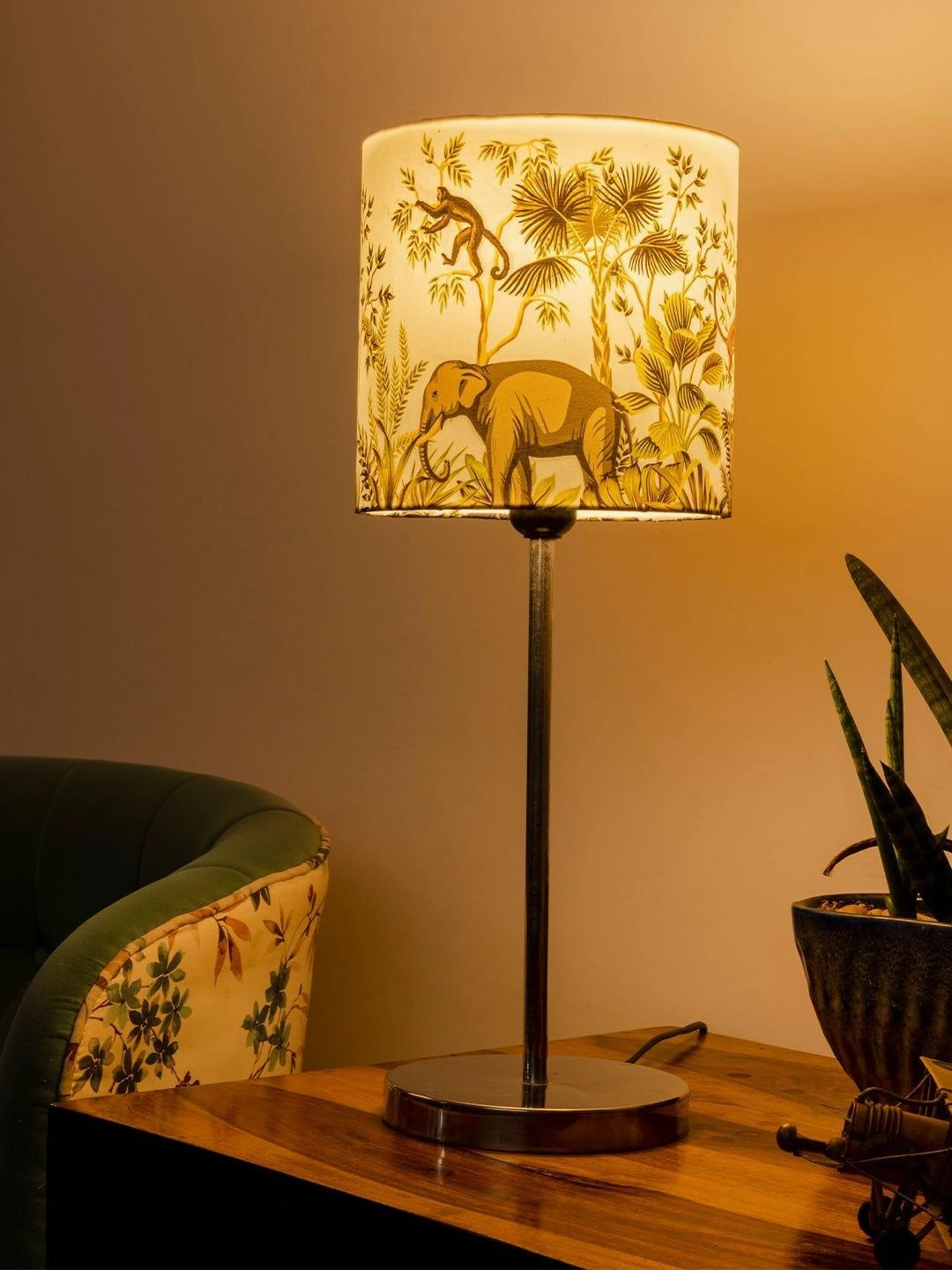 Metal Chrome Finish Lamp with Multicolor Jungle Shade decorative ceiling fixture
