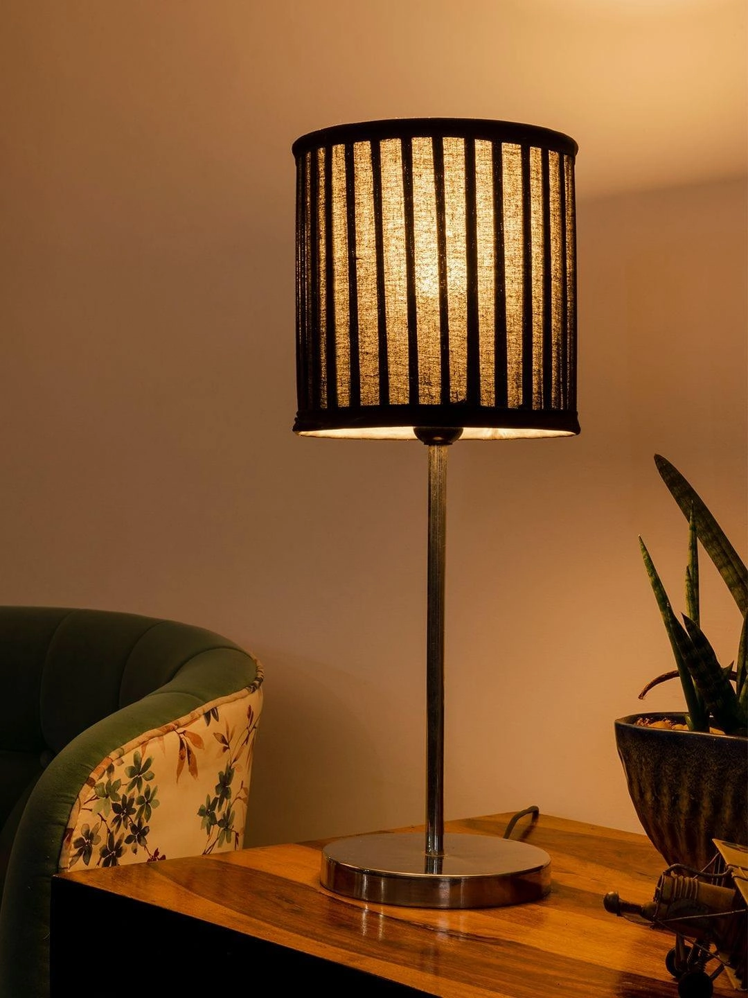 Metal Chrome Finish Lamp with Pleeted Cotton Black Shade decorative ceiling fixture