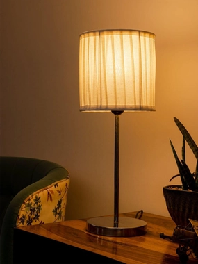 Metal Chrome Finish Lamp with Pleeted Cotton White Shade decorative ceiling fixture