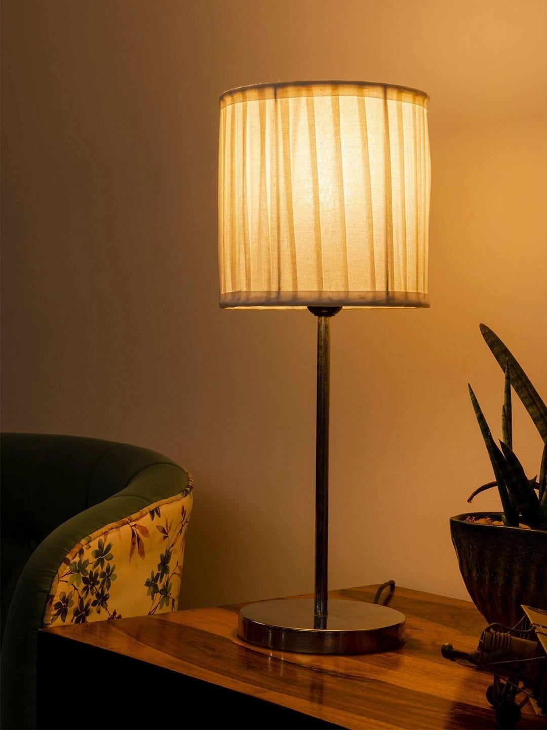 Metal Chrome Finish Lamp with Pleeted Cotton White Shade decorative ceiling fixture
