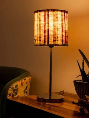 Metal Chrome Finish Lamp with Pleeted Multicolor Maroon Shade decorative ceiling fixture