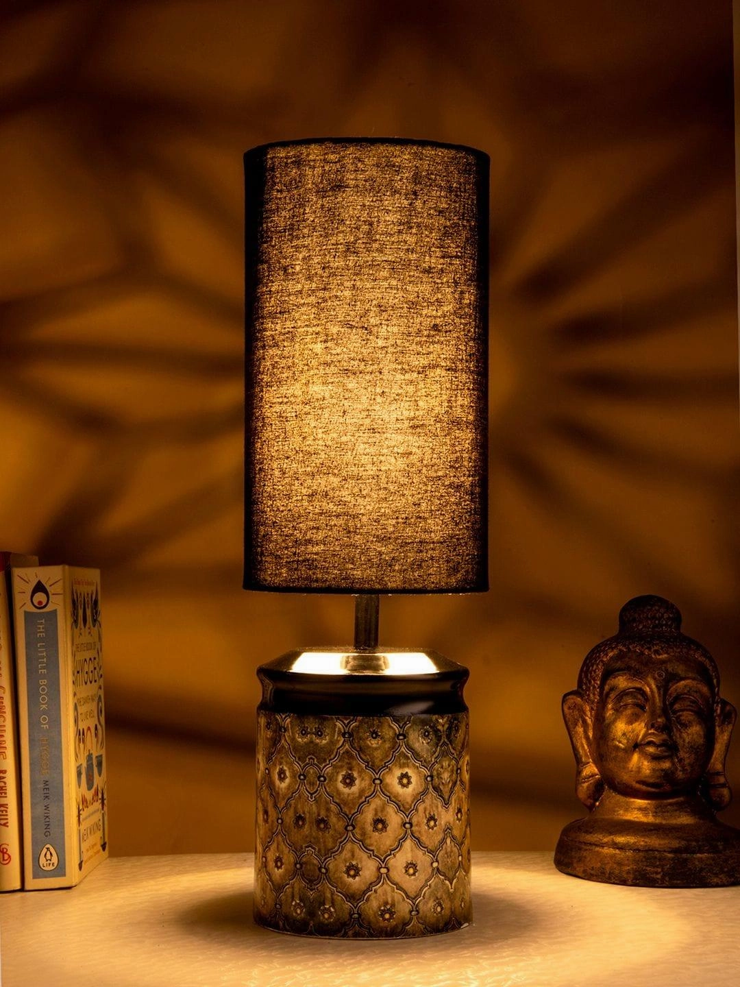 Metal Diamond Tile Print Lamp with Solid Black Shade