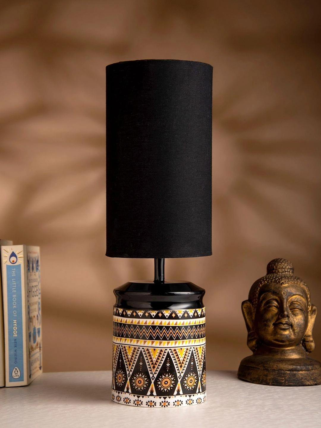 Metal Linear Art Printed Lamp with Solid Black Shade decorative ceiling fixture