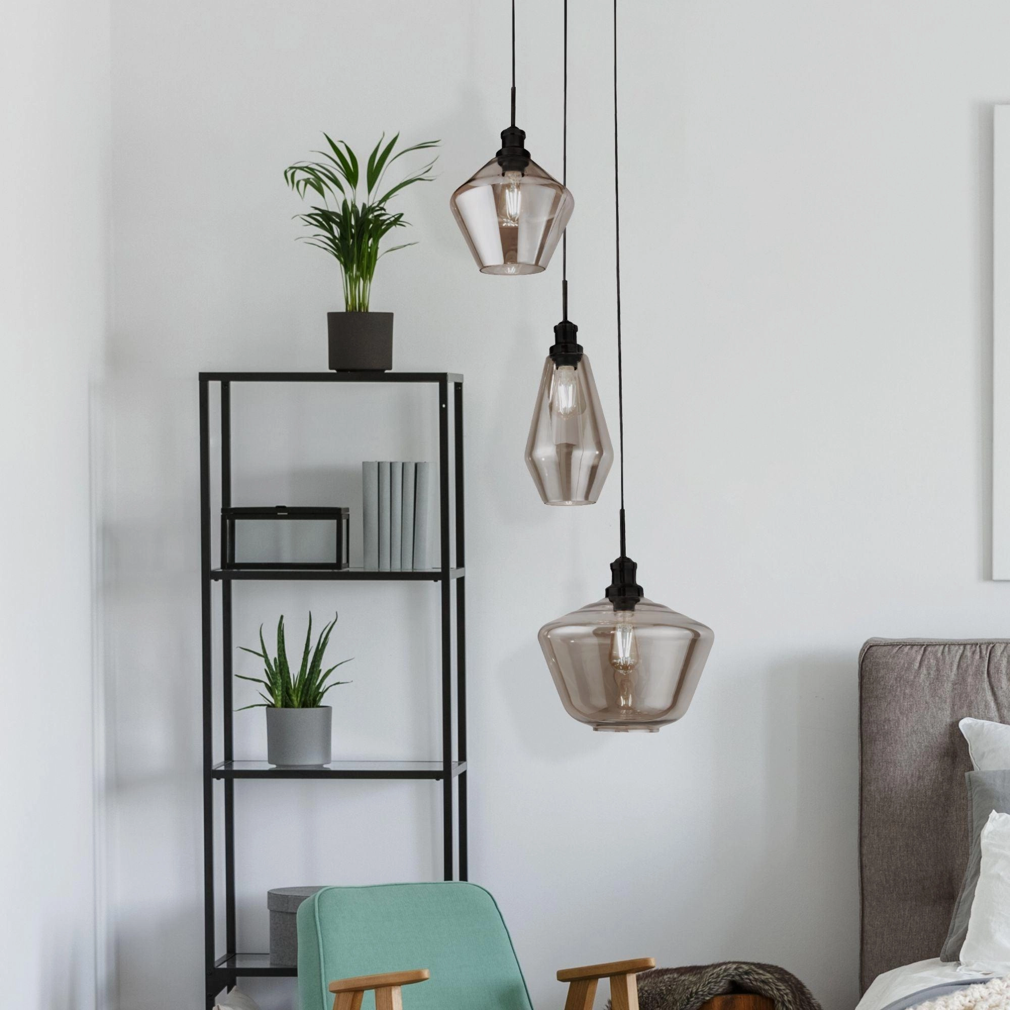 Mia 3 Light Multi-Drop Pendant - Smoked Glass Shades