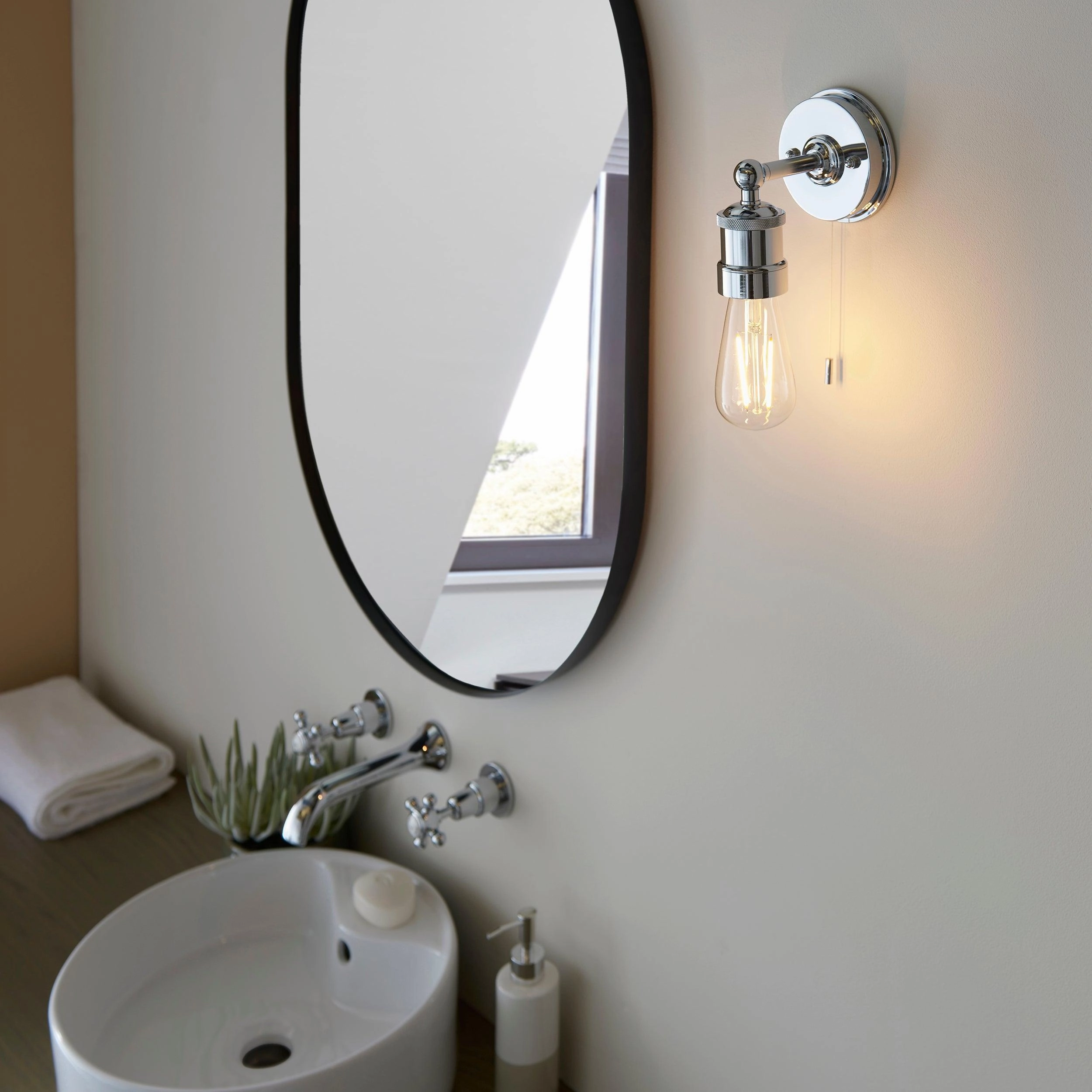 Miller Chrome Industrial Bathroom Wall Light - Pull Cord