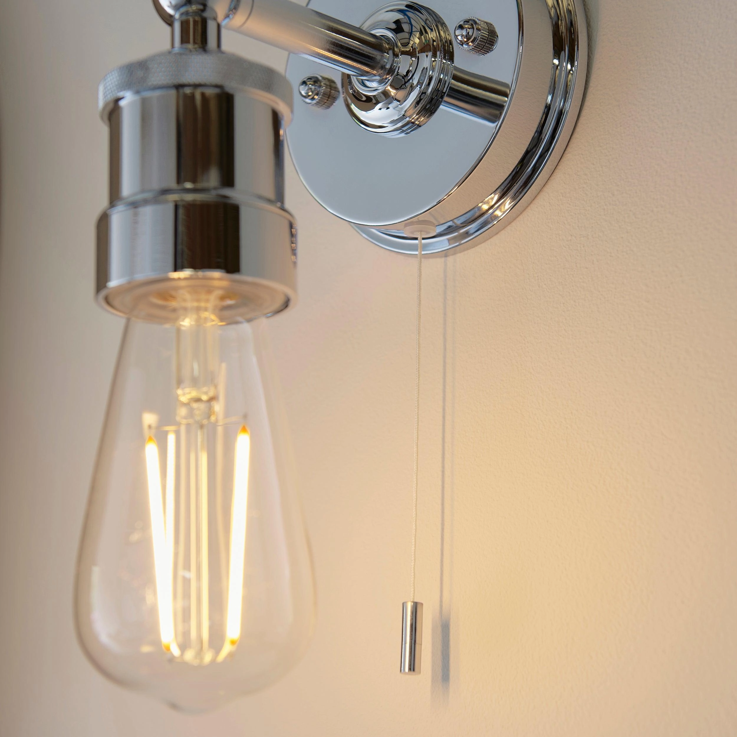 Miller Chrome Industrial Bathroom Wall Light - Pull Cord