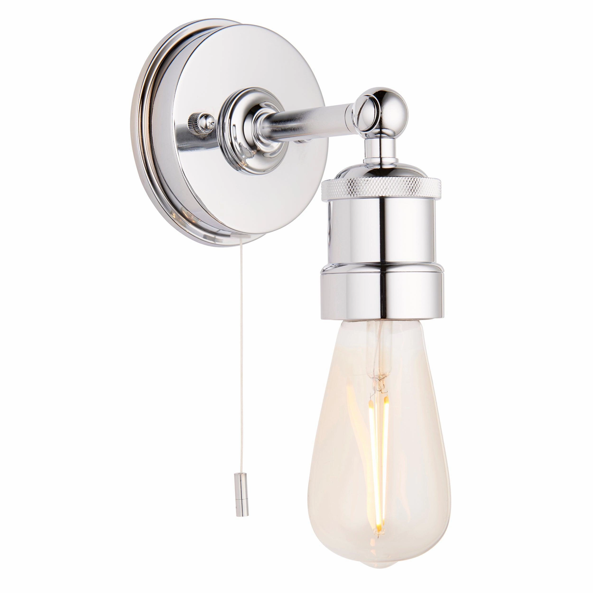Miller Chrome Industrial Bathroom Wall Light - Pull Cord