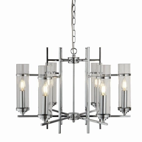 Milo 6 Light Chrome Ceiling Pendant - Glass Cylinder Shades soft glow ceiling light