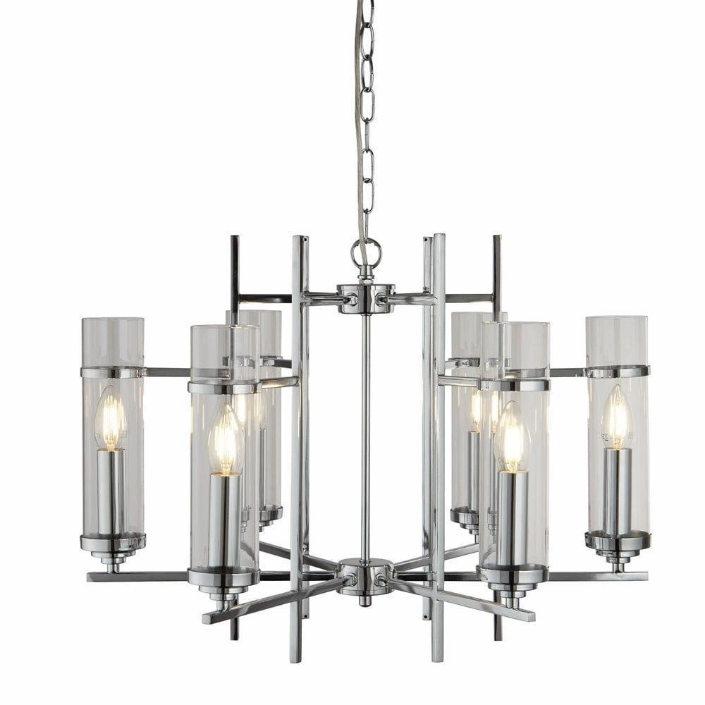 Milo 6 Light Chrome Ceiling Pendant - Glass Cylinder Shades soft glow ceiling light