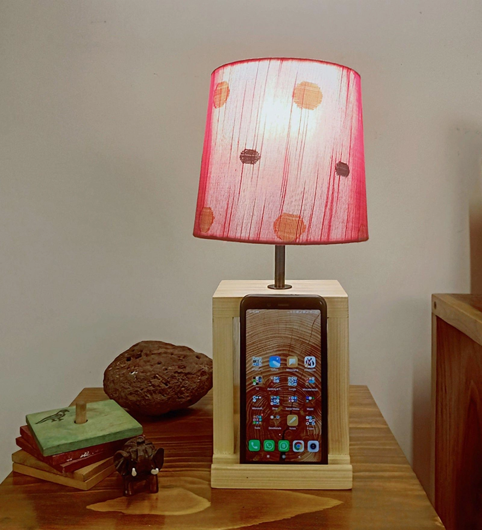 Moby Beige Wooden Table Lamp with Red Printed Fabric Lampshade (BULB NOT INCLUDED)