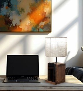Moby Brown Wooden Table Lamp with Yellow Printed Fabric Lampshade (BULB NOT INCLUDED) decorative ceiling fixture