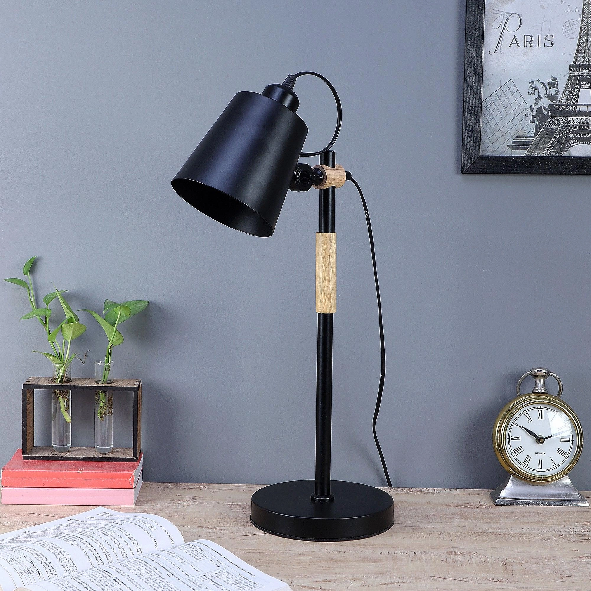 Modern Nordic Wood & Metal Study Lamp With Black Base By Ss Lightings