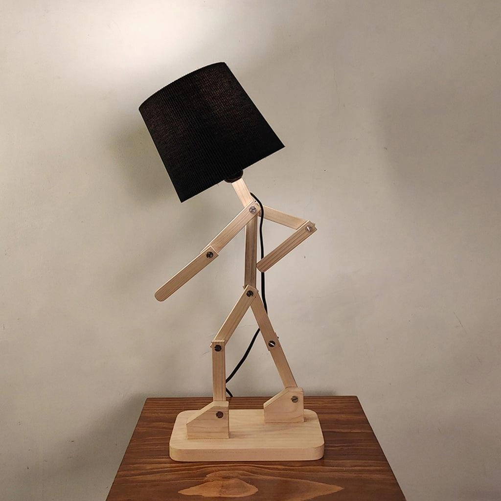 Moonwalker Beige Wooden Table Lamp with Black Fabric Lampshade (BULB NOT INCLUDED)