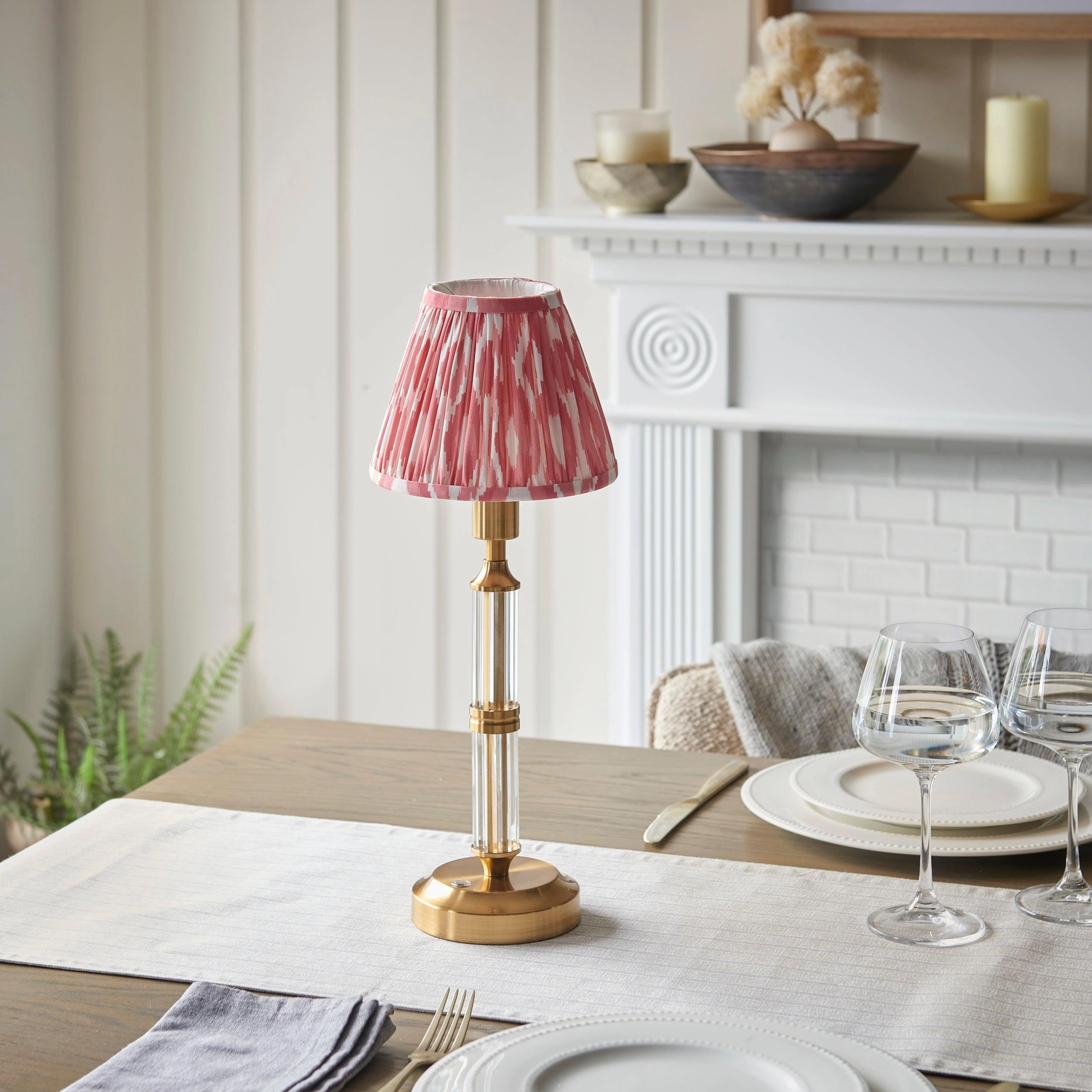 Morton Rechargeable Table Lamp & Ikat 16cm Coral Pink Shade