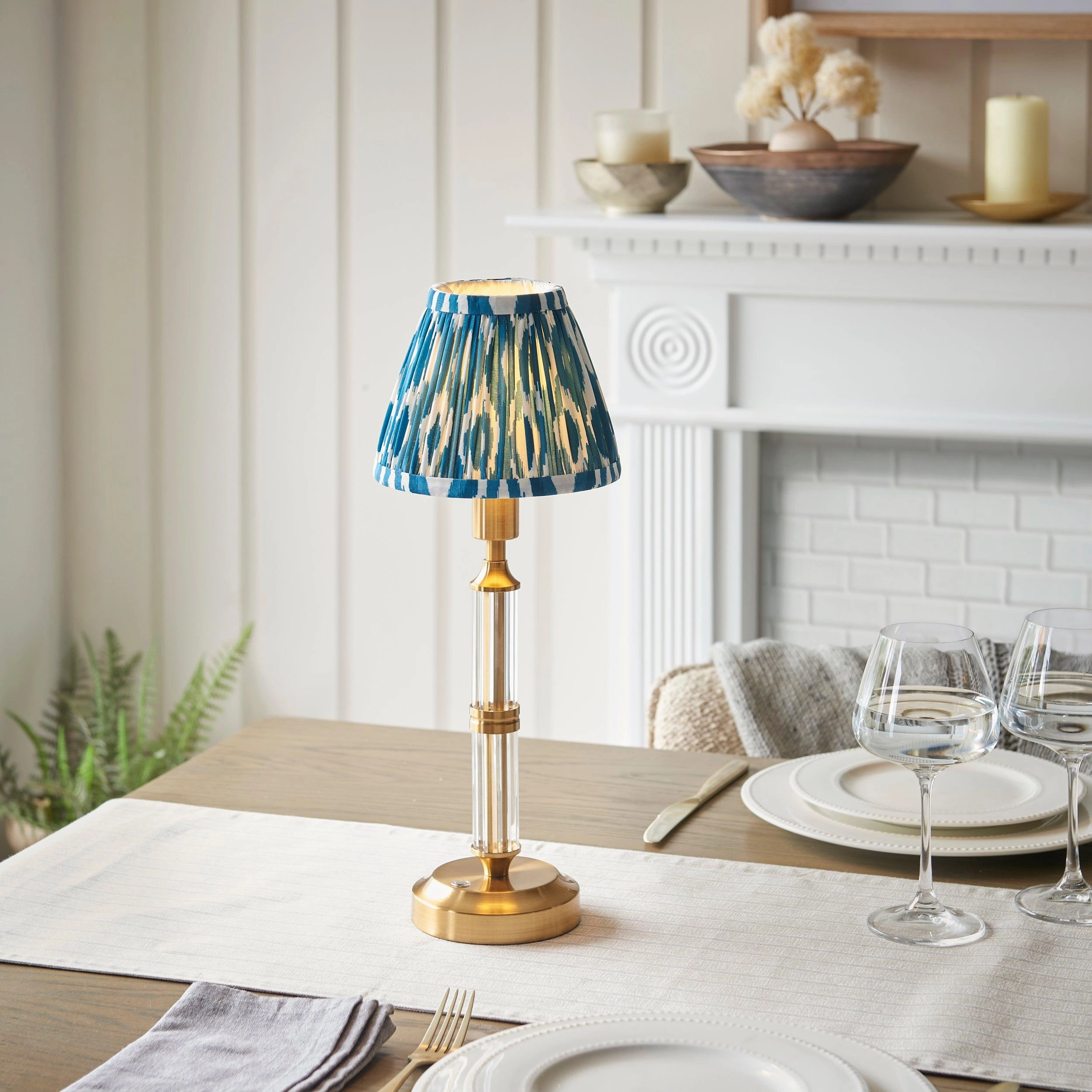 Morton Rechargeable Table Lamp & Ikat 16cm Marlin Blue Shade ceramic table lamp