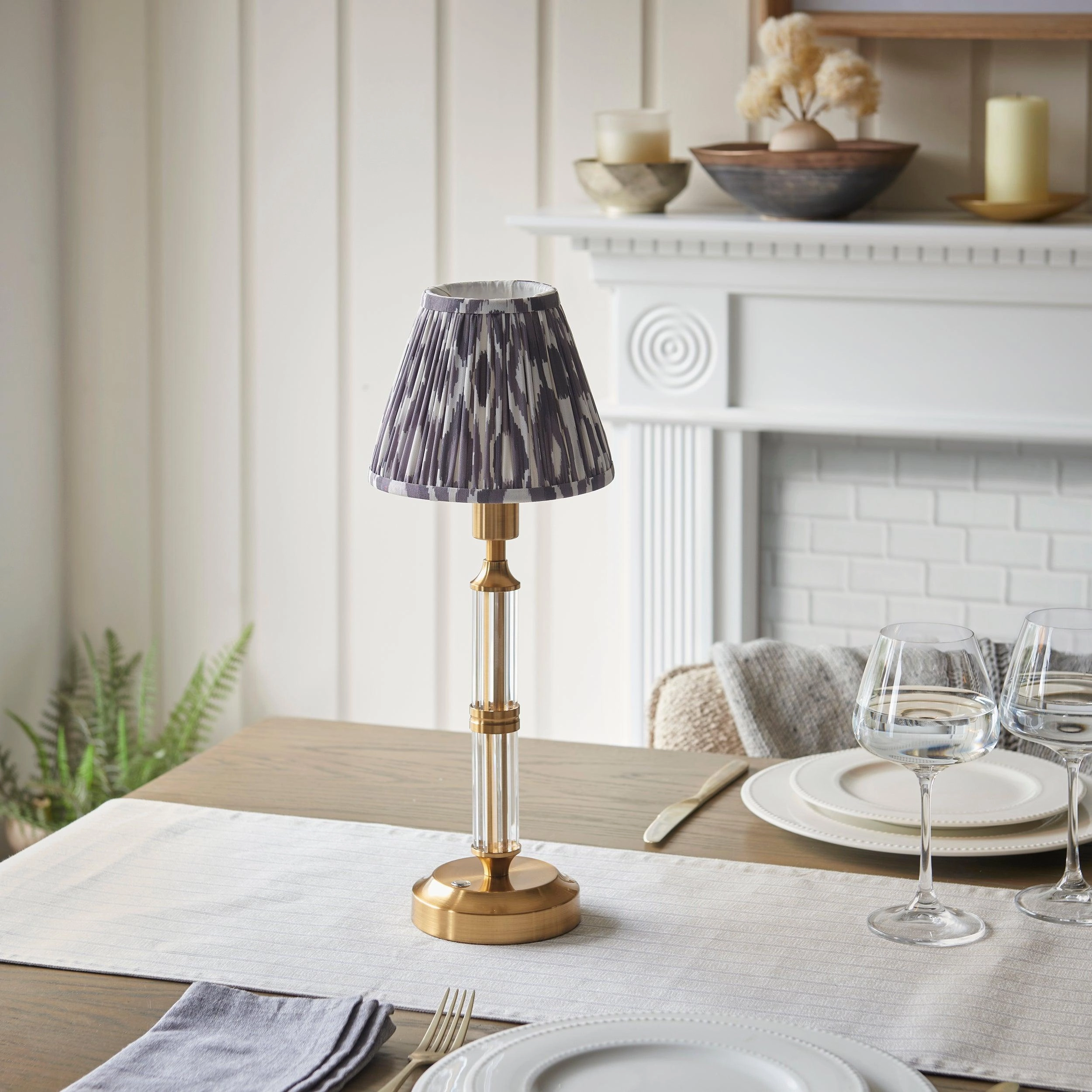 Morton Rechargeable Table Lamp & Ikat 16cm Pearl Grey Shade