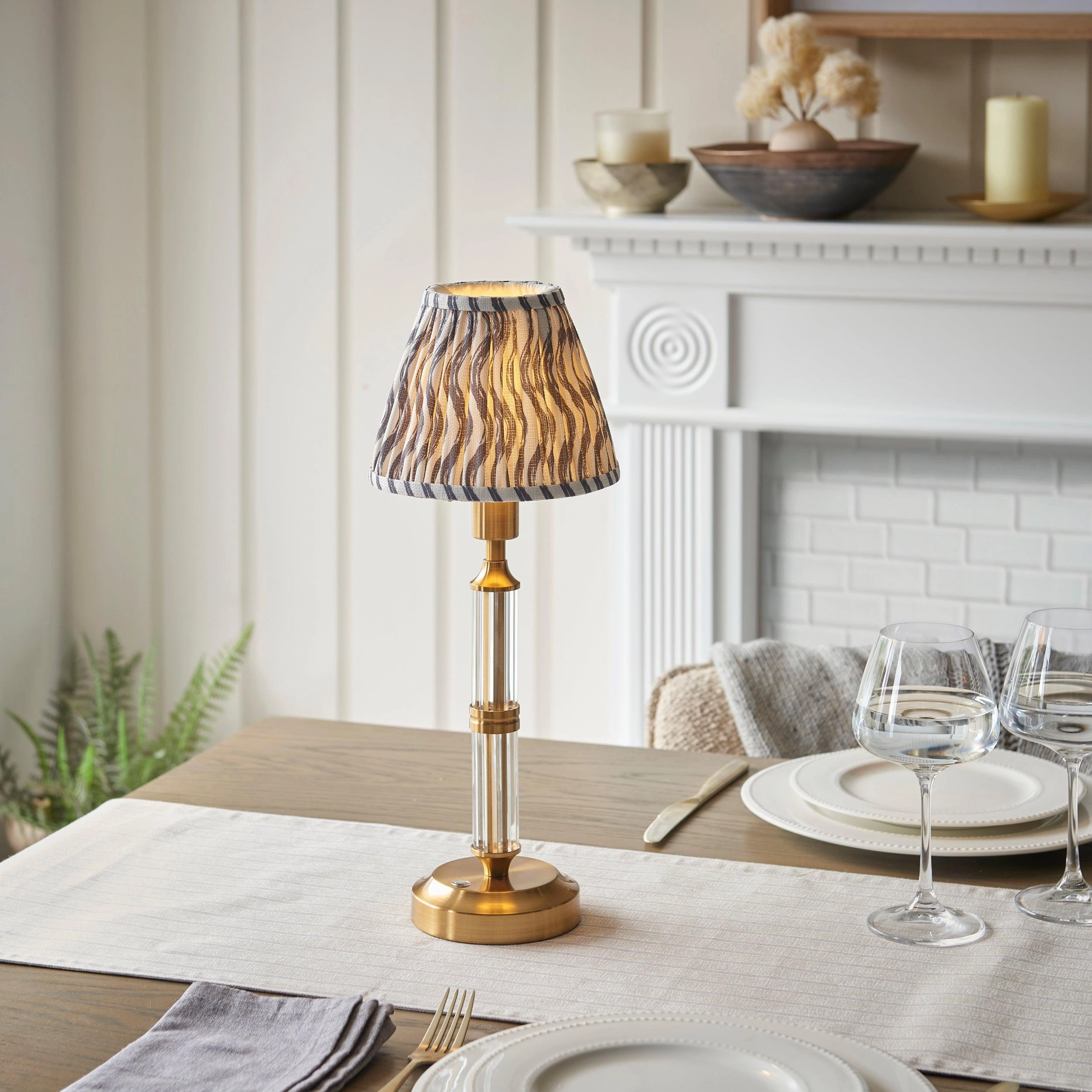 Morton Rechargeable Table Lamp & Ripple 16cm Pearl Grey Shade ceramic table lamp