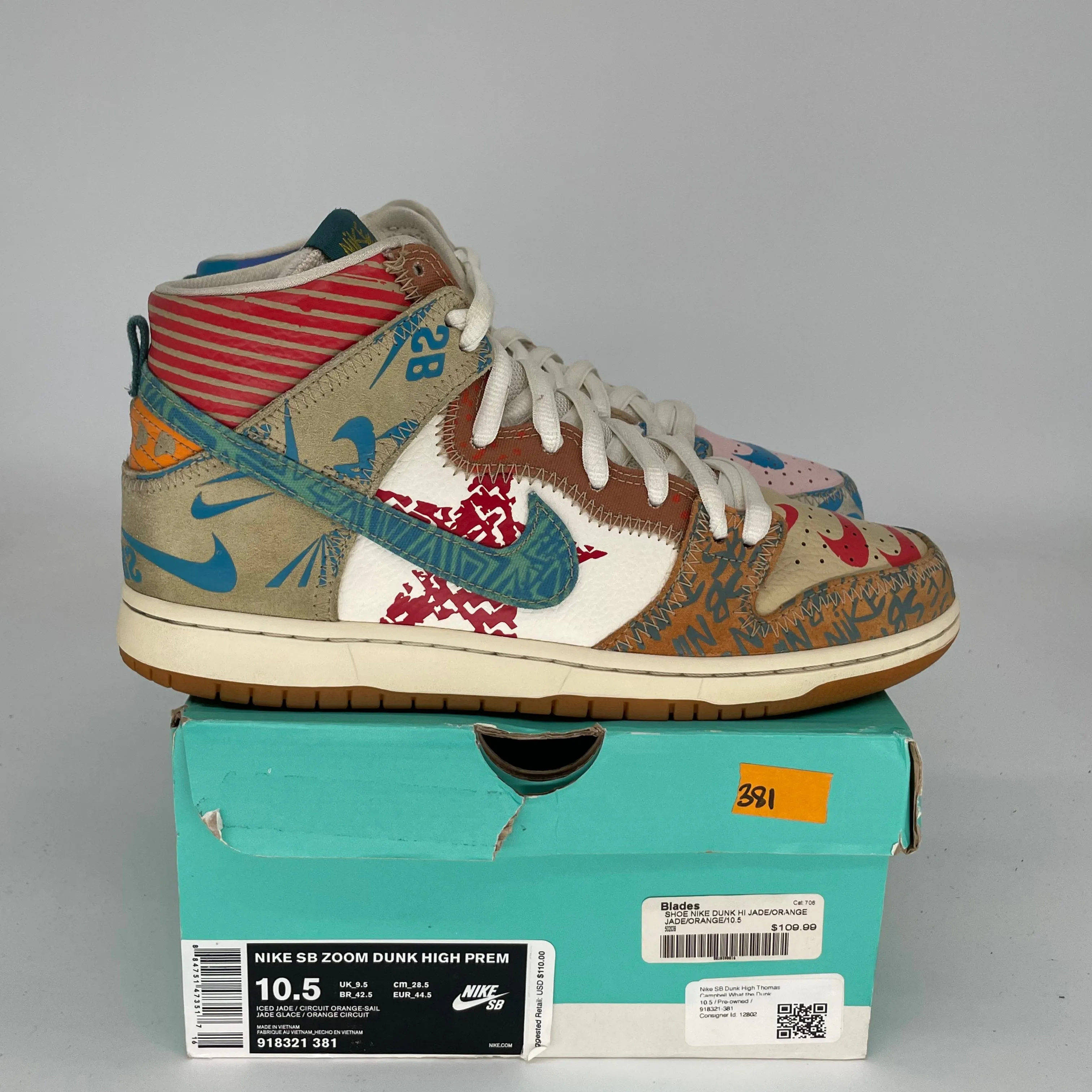 NIKE SB DUNK HIGH THOMAS CAMPBELL WHAT THE DUNK SIZE 10.5 918321-381
